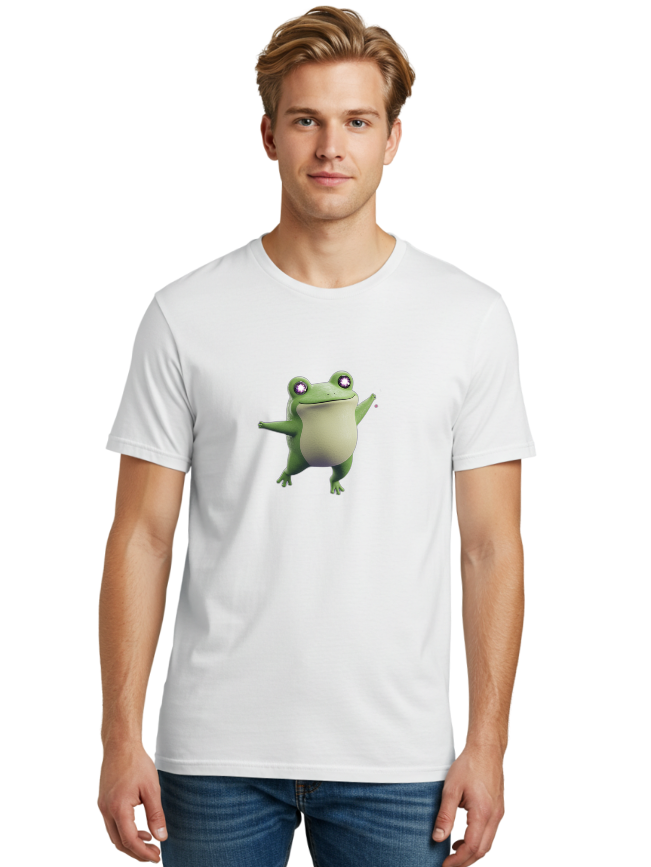 Dancing-Frog-1 Men'S Graphic Tee, 100% Cotton, Comfortable Casual Summer Wear, Machine Washable, Cartoon Frog, Dancing Pose, Funny Animal, Animated Character, 3D Rendering, Big Eyes, Cute Creature, Playful Gesture, Comedic Effect Bab850