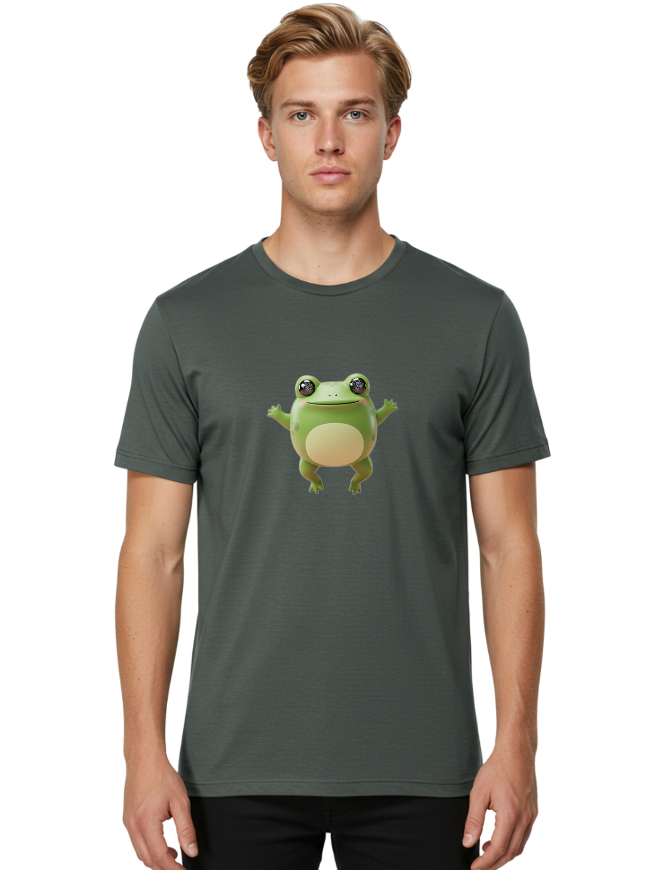 Dancing-Frog Men'S Graphic Tee, 100% Cotton, Comfortable Casual Summer Wear, Machine Washable, Cartoon Frog, Green Frog, 3D Illustration, Funny Animal, Happy Expression, Dancing Pose, Cute Creature, Playful Character, Amphibian, Bab851