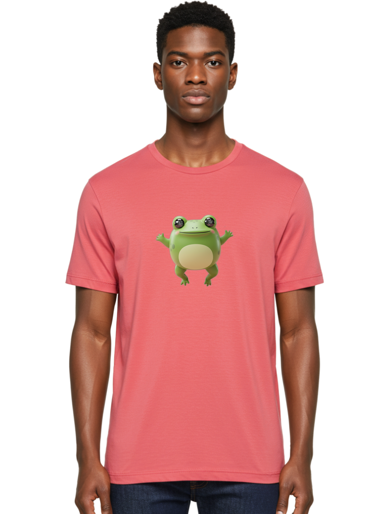 Dancing-Frog Men'S Graphic Tee, 100% Cotton, Comfortable Casual Summer Wear, Machine Washable, Cartoon Frog, Green Frog, 3D Illustration, Funny Animal, Happy Expression, Dancing Pose, Cute Creature, Playful Character, Amphibian, Bab851