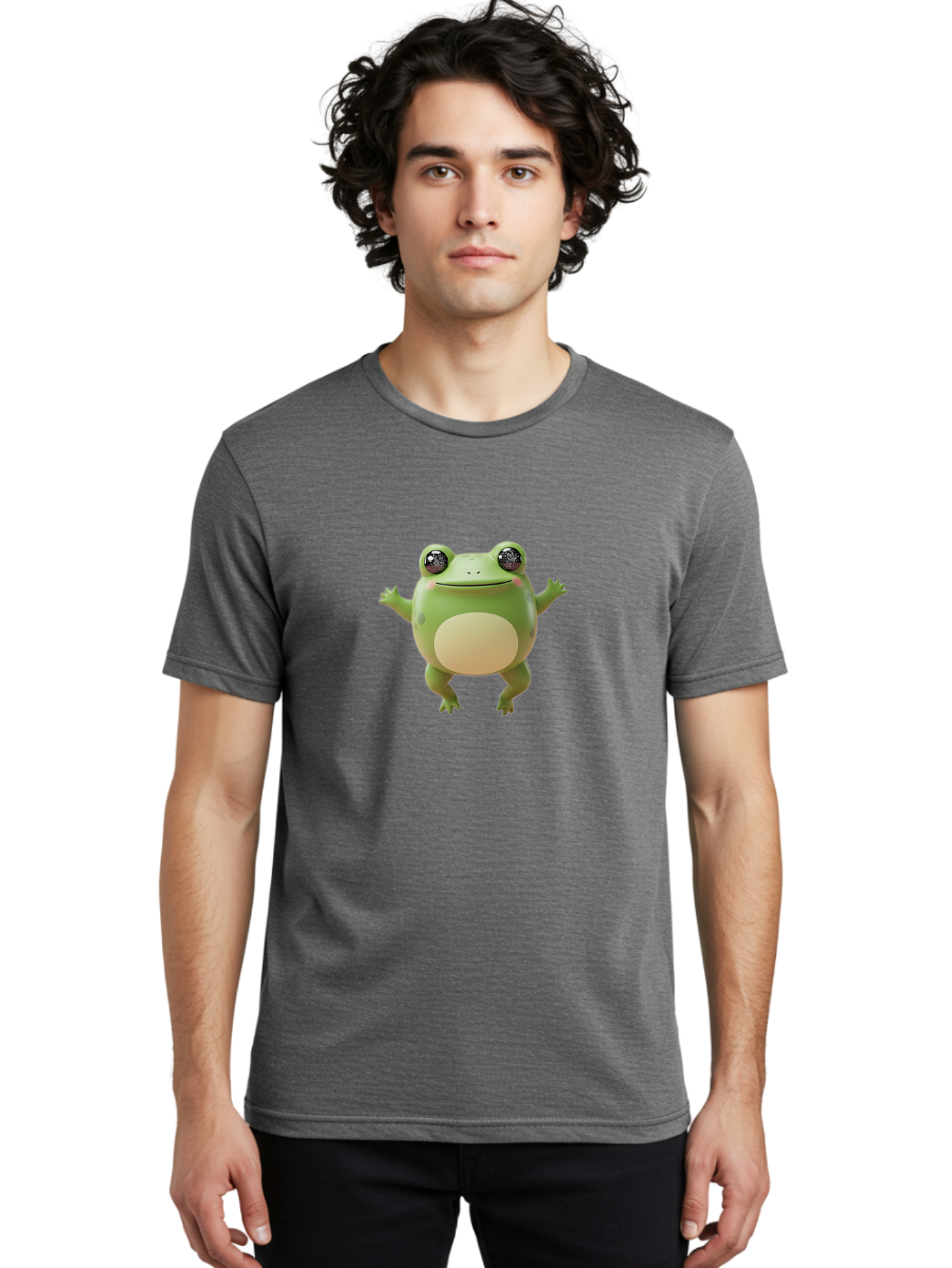 Dancing-Frog Men'S Graphic Tee, 100% Cotton, Comfortable Casual Summer Wear, Machine Washable, Cartoon Frog, Green Frog, 3D Illustration, Funny Animal, Happy Expression, Dancing Pose, Cute Creature, Playful Character, Amphibian, Bab851