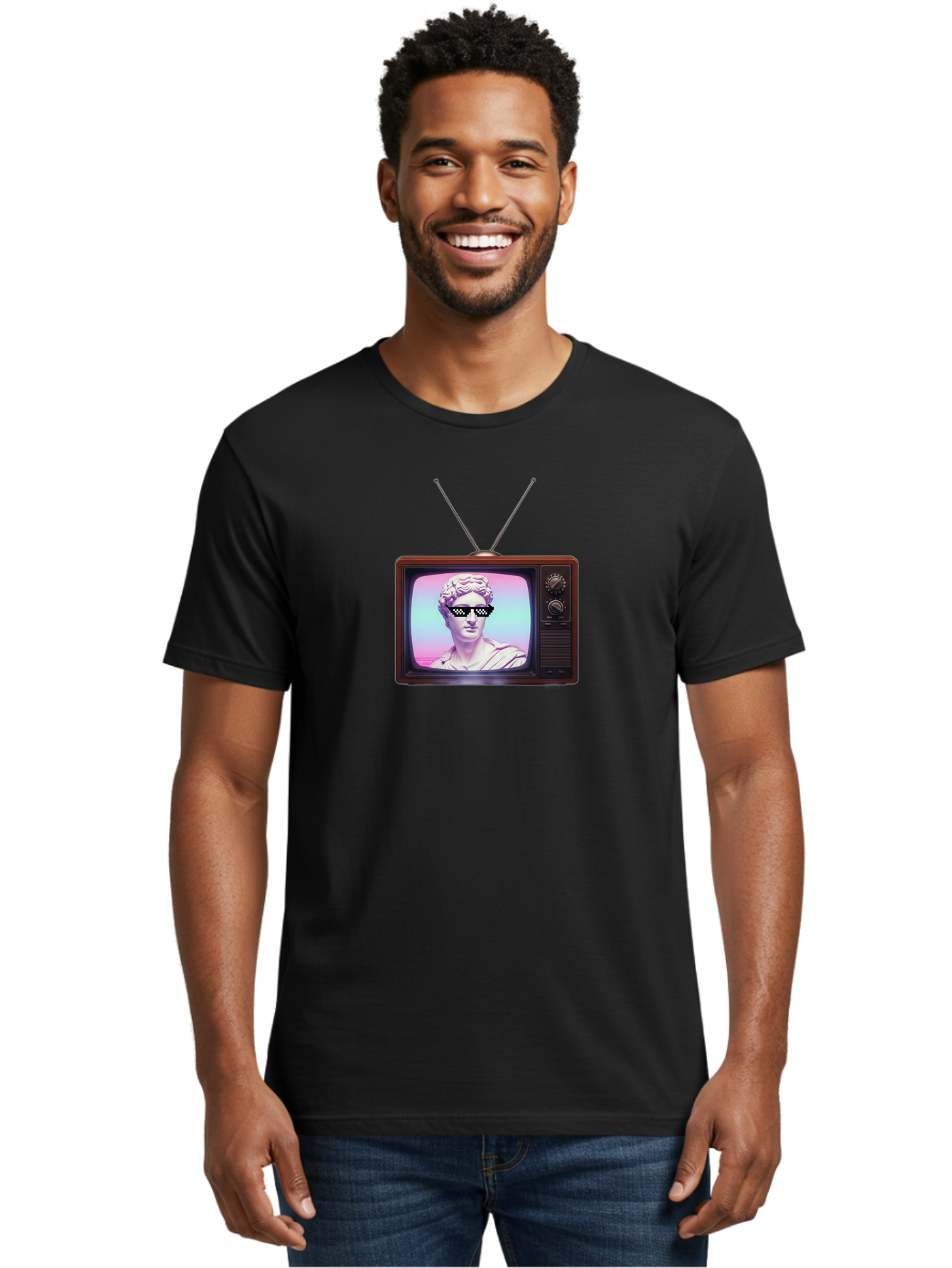 David-Wearing-Sunglasses Men'S Graphic Tee, 100% Cotton, Comfortable Casual Summer Wear, Machine Washable, Vintage Television, Antique Tv, David Statue, Thug Life Shades, Sunglasses On Statue, Pop Culture, Retro Technology, Bab852