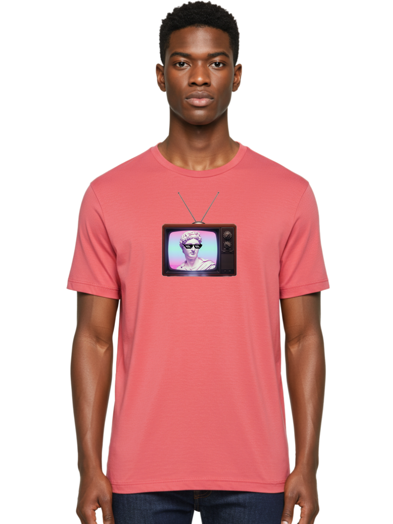 David-Wearing-Sunglasses Men'S Graphic Tee, 100% Cotton, Comfortable Casual Summer Wear, Machine Washable, Vintage Television, Antique Tv, David Statue, Thug Life Shades, Sunglasses On Statue, Pop Culture, Retro Technology, Bab852