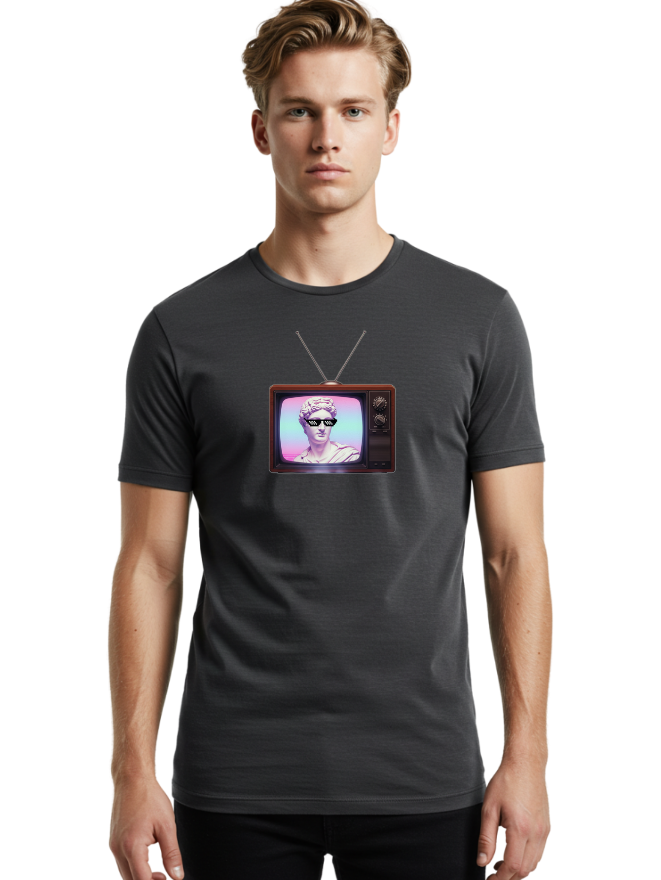 David-Wearing-Sunglasses Men'S Graphic Tee, 100% Cotton, Comfortable Casual Summer Wear, Machine Washable, Vintage Television, Antique Tv, David Statue, Thug Life Shades, Sunglasses On Statue, Pop Culture, Retro Technology, Bab852