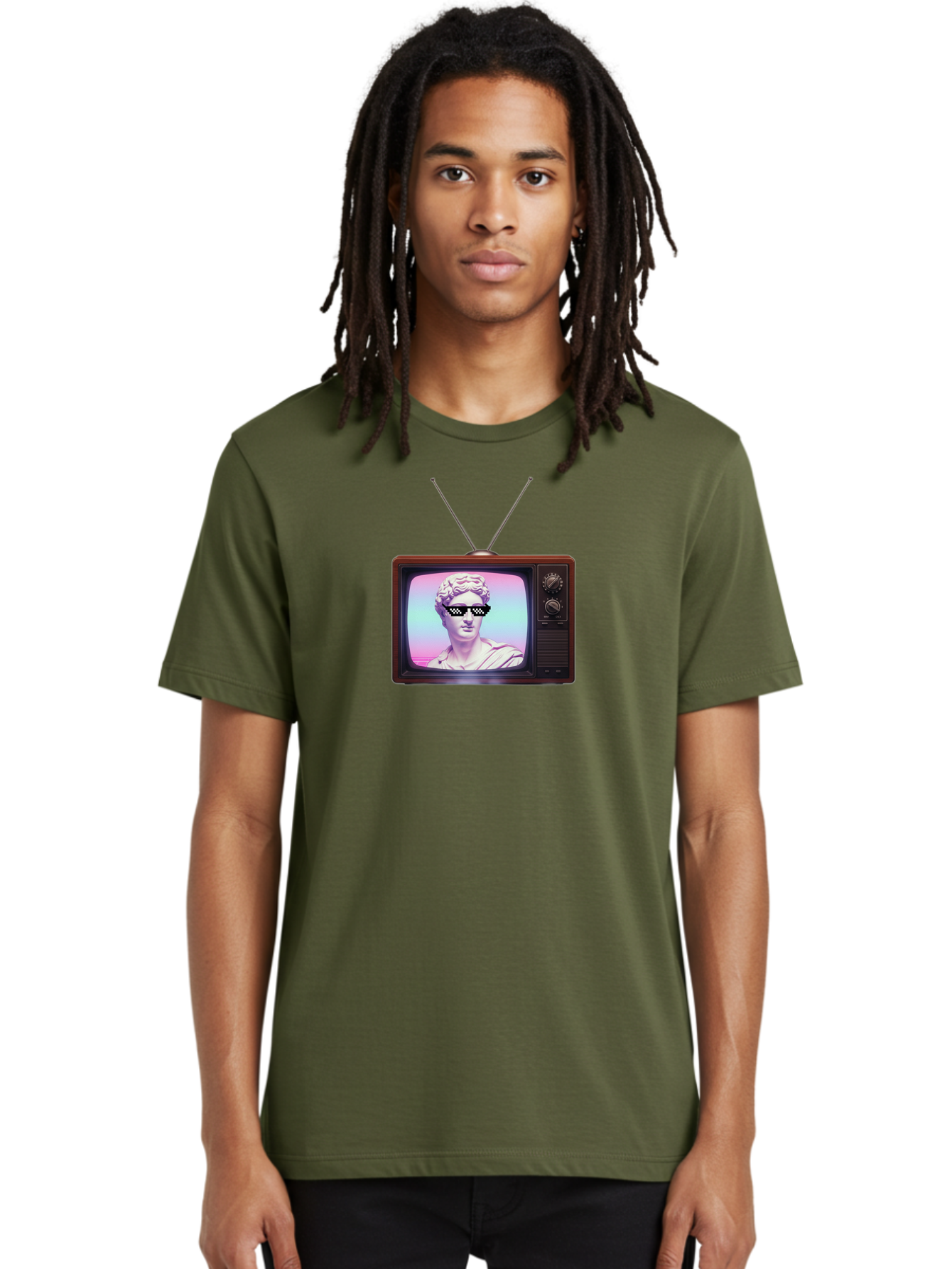David-Wearing-Sunglasses Men'S Graphic Tee, 100% Cotton, Comfortable Casual Summer Wear, Machine Washable, Vintage Television, Antique Tv, David Statue, Thug Life Shades, Sunglasses On Statue, Pop Culture, Retro Technology, Bab852