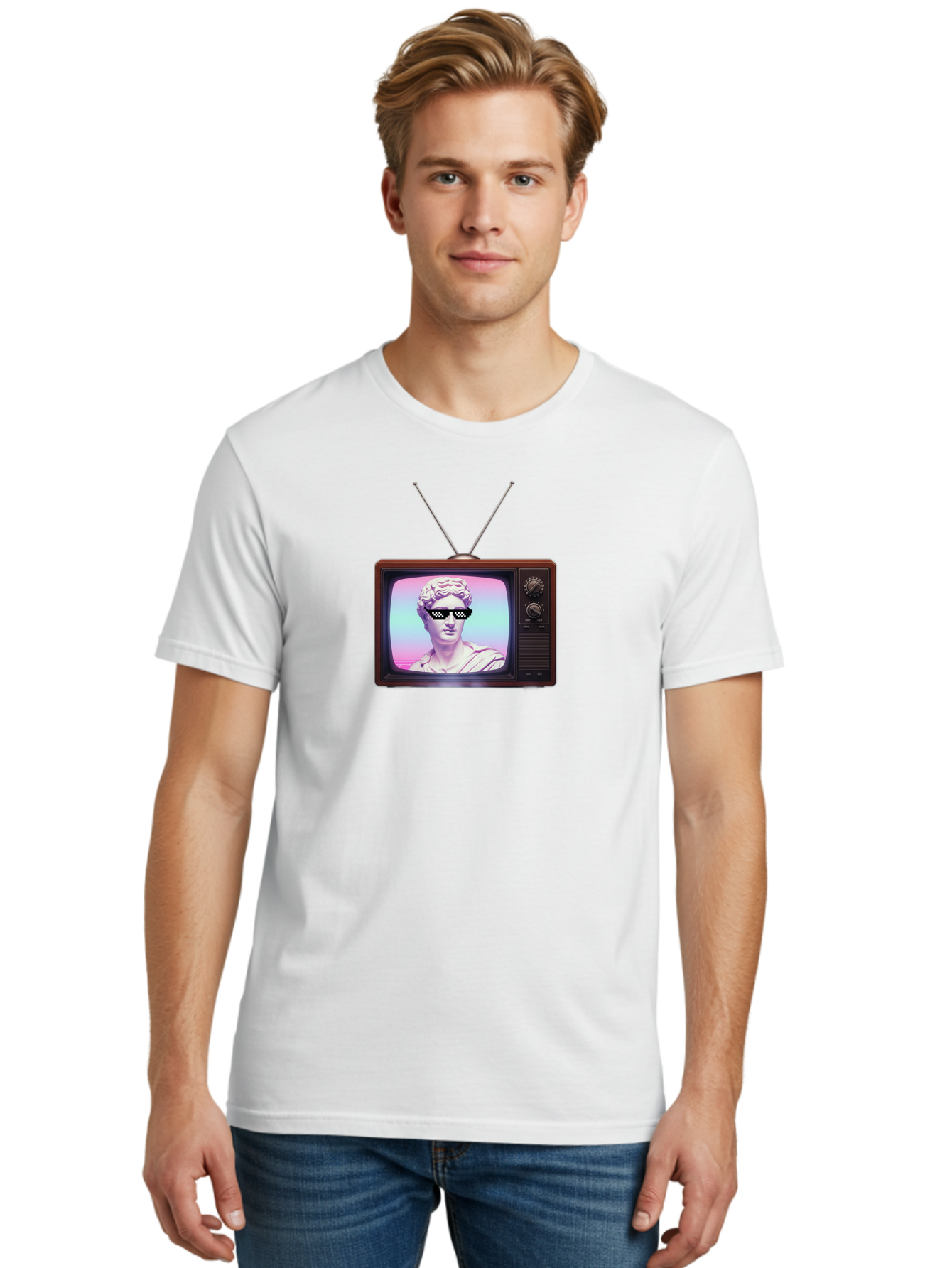 David-Wearing-Sunglasses Men'S Graphic Tee, 100% Cotton, Comfortable Casual Summer Wear, Machine Washable, Vintage Television, Antique Tv, David Statue, Thug Life Shades, Sunglasses On Statue, Pop Culture, Retro Technology, Bab852