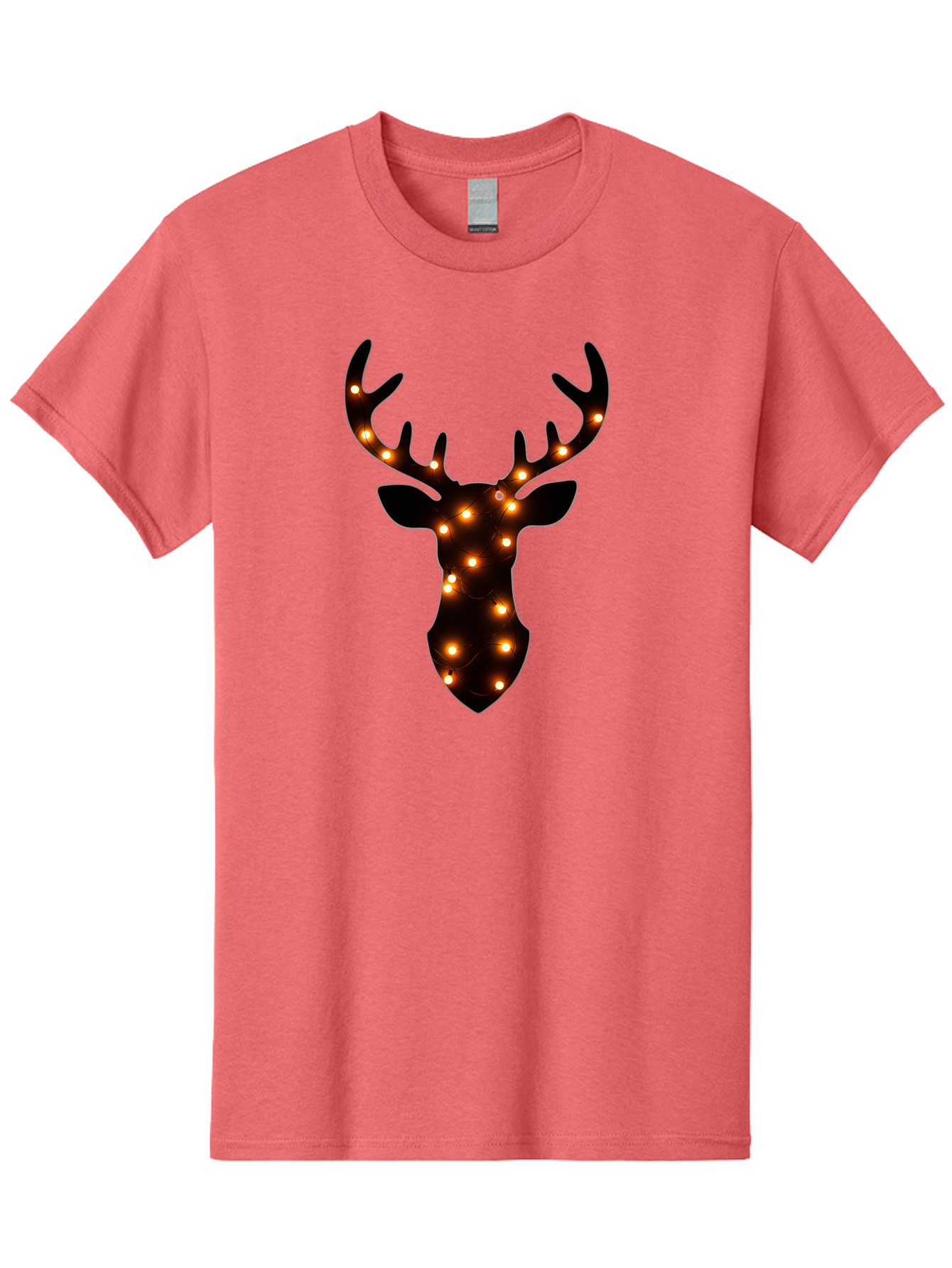 Deer-Head-With-Lights Men'S Graphic Tee, 100% Cotton, Comfortable Casual Summer Wear, Machine Washable, Deer Head Silhouette, String Lights, Festive Decor, Warm Glow, Holiday Decoration, Maroon Lights, Glowing Antlers, Illuminated Wildlife, Bab854