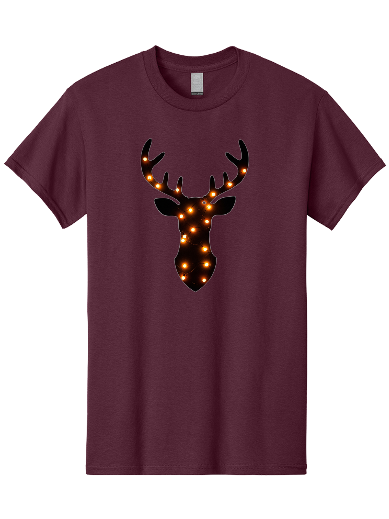 Deer-Head-With-Lights Men'S Graphic Tee, 100% Cotton, Comfortable Casual Summer Wear, Machine Washable, Deer Head Silhouette, String Lights, Festive Decor, Warm Glow, Holiday Decoration, Maroon Lights, Glowing Antlers, Illuminated Wildlife, Bab854