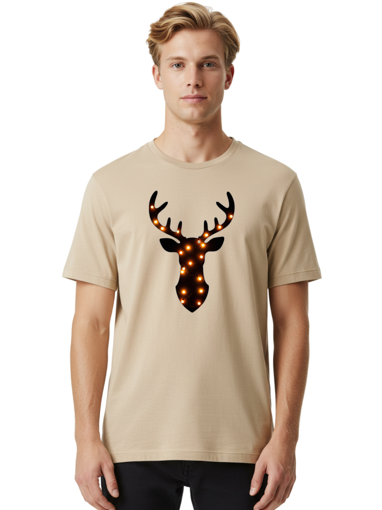 Deer-Head-With-Lights Men'S Graphic Tee, 100% Cotton, Comfortable Casual Summer Wear, Machine Washable, Deer Head Silhouette, String Lights, Festive Decor, Warm Glow, Holiday Decoration, Maroon Lights, Glowing Antlers, Illuminated Wildlife, Bab854