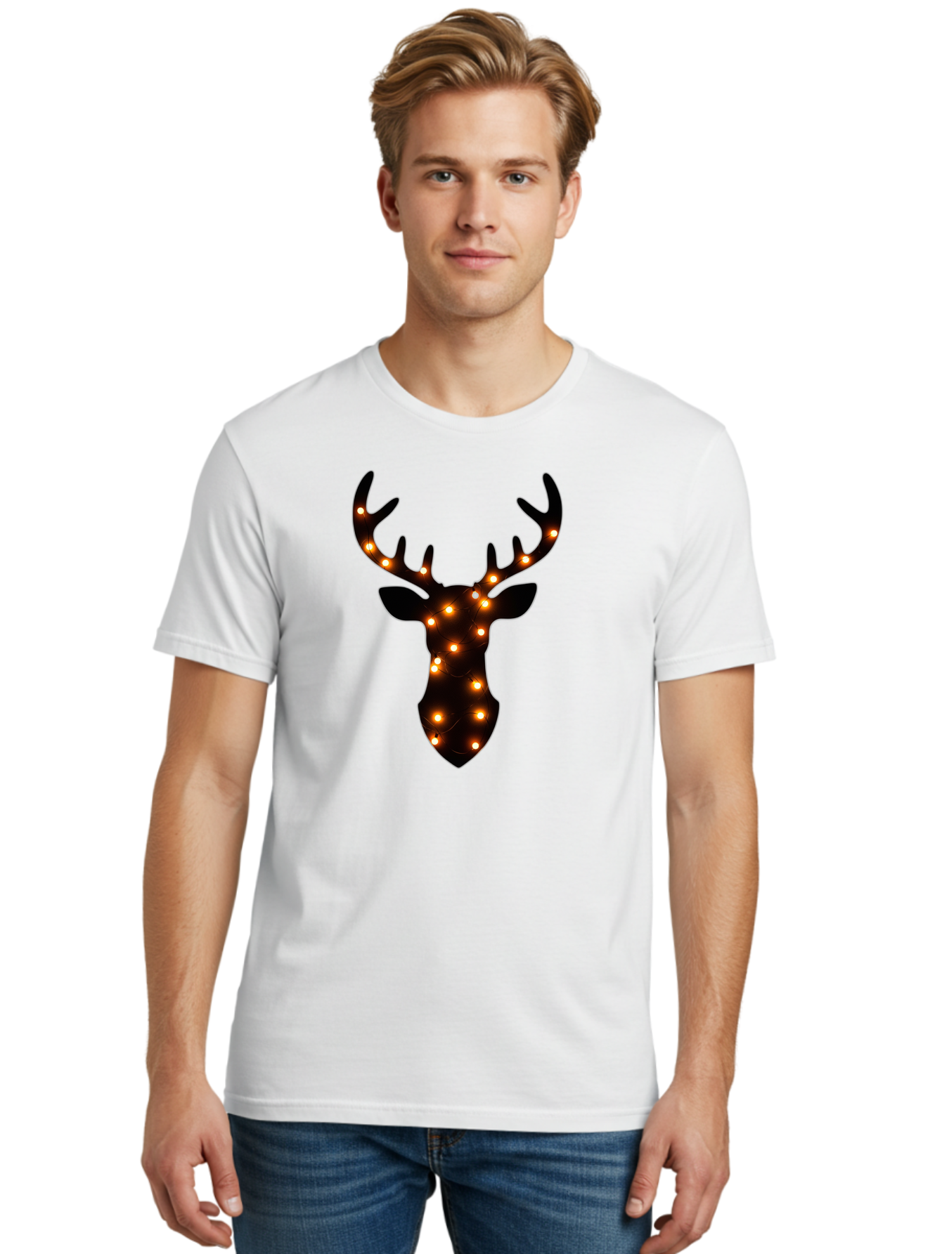 Deer-Head-With-Lights Men'S Graphic Tee, 100% Cotton, Comfortable Casual Summer Wear, Machine Washable, Deer Head Silhouette, String Lights, Festive Decor, Warm Glow, Holiday Decoration, Maroon Lights, Glowing Antlers, Illuminated Wildlife, Bab854