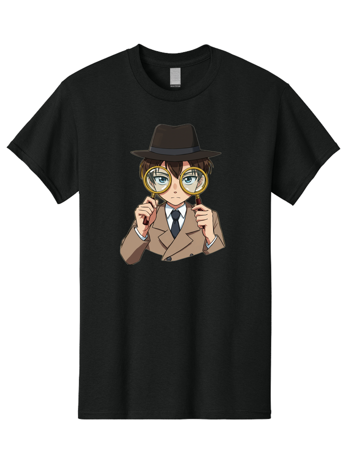 Detective-Boy Men'S Graphic Tee, 100% Cotton, Comfortable Casual Summer Wear, Machine Washable, Anime Boy, Magnifying Glass, Detective Theme, Investigation, Observation, Blue Eyes, Brown Hair, Brown Suit, Black Tie, White Shirt Bab855