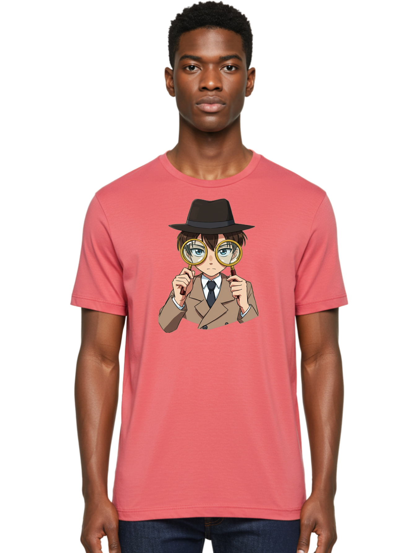 Detective-Boy Men'S Graphic Tee, 100% Cotton, Comfortable Casual Summer Wear, Machine Washable, Anime Boy, Magnifying Glass, Detective Theme, Investigation, Observation, Blue Eyes, Brown Hair, Brown Suit, Black Tie, White Shirt Bab855