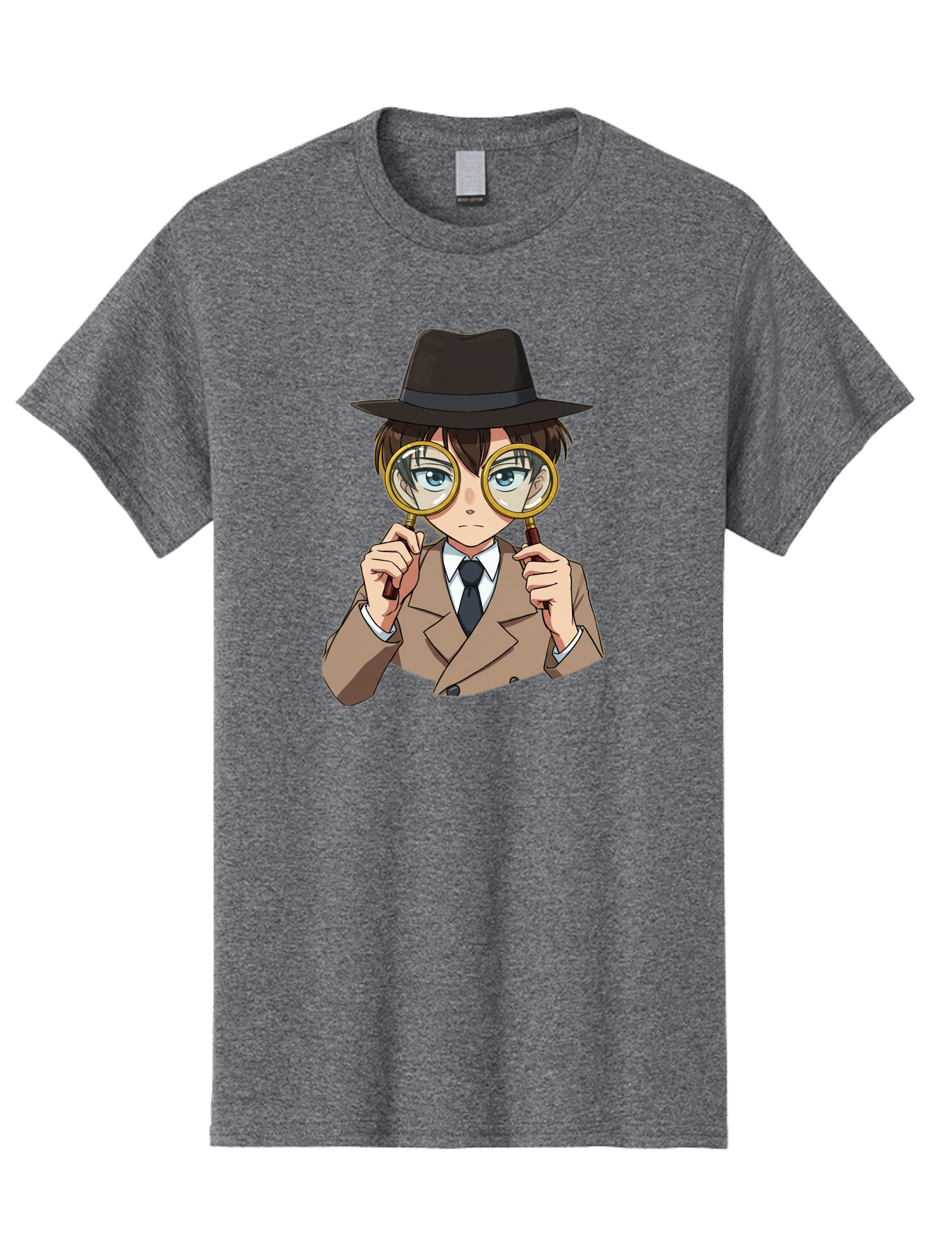 Detective-Boy Men'S Graphic Tee, 100% Cotton, Comfortable Casual Summer Wear, Machine Washable, Anime Boy, Magnifying Glass, Detective Theme, Investigation, Observation, Blue Eyes, Brown Hair, Brown Suit, Black Tie, White Shirt Bab855