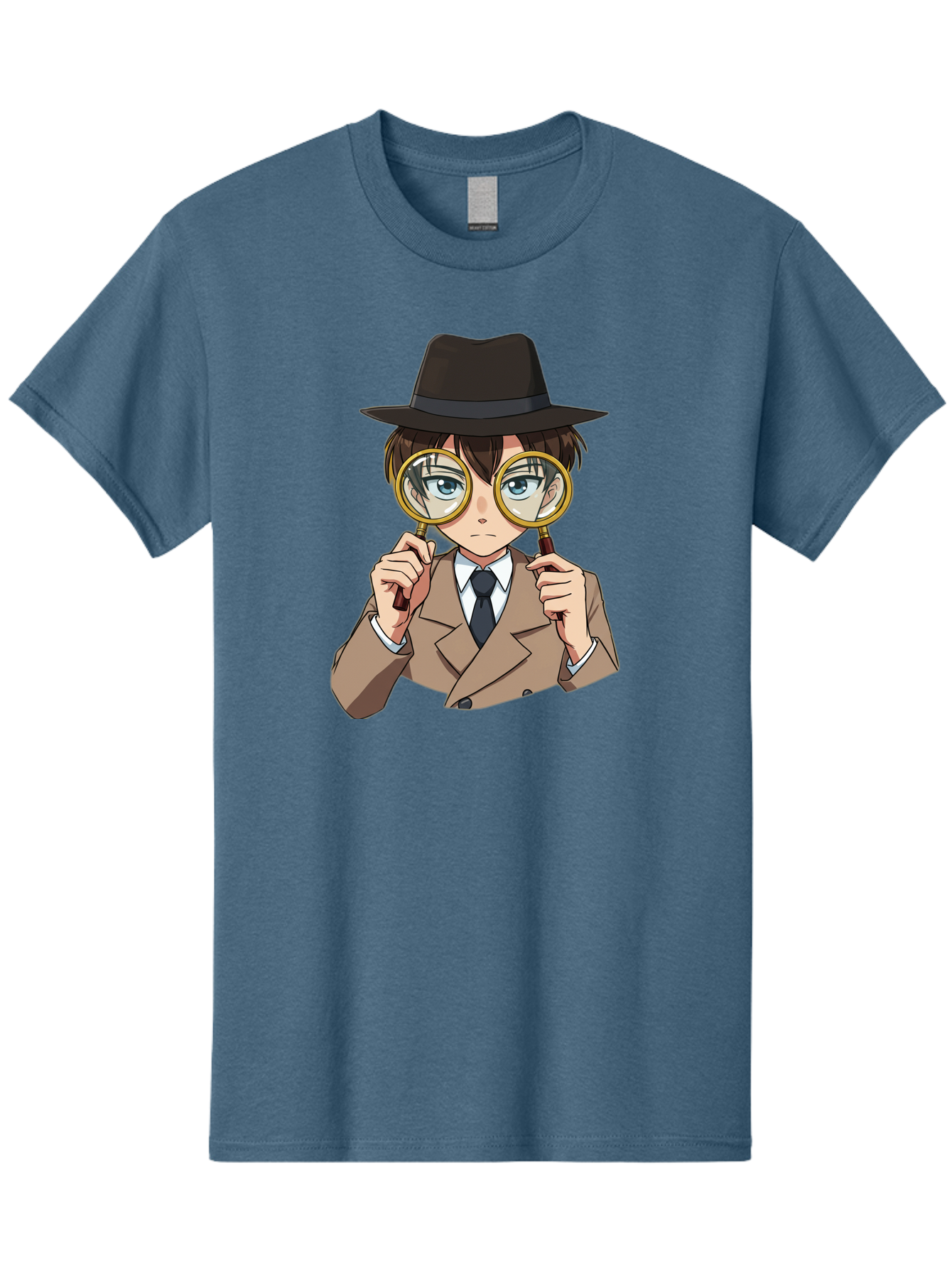 Detective-Boy Men'S Graphic Tee, 100% Cotton, Comfortable Casual Summer Wear, Machine Washable, Anime Boy, Magnifying Glass, Detective Theme, Investigation, Observation, Blue Eyes, Brown Hair, Brown Suit, Black Tie, White Shirt Bab855