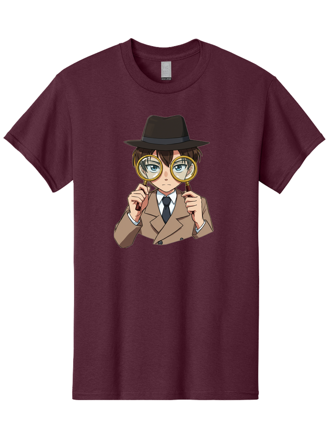 Detective-Boy Men'S Graphic Tee, 100% Cotton, Comfortable Casual Summer Wear, Machine Washable, Anime Boy, Magnifying Glass, Detective Theme, Investigation, Observation, Blue Eyes, Brown Hair, Brown Suit, Black Tie, White Shirt Bab855