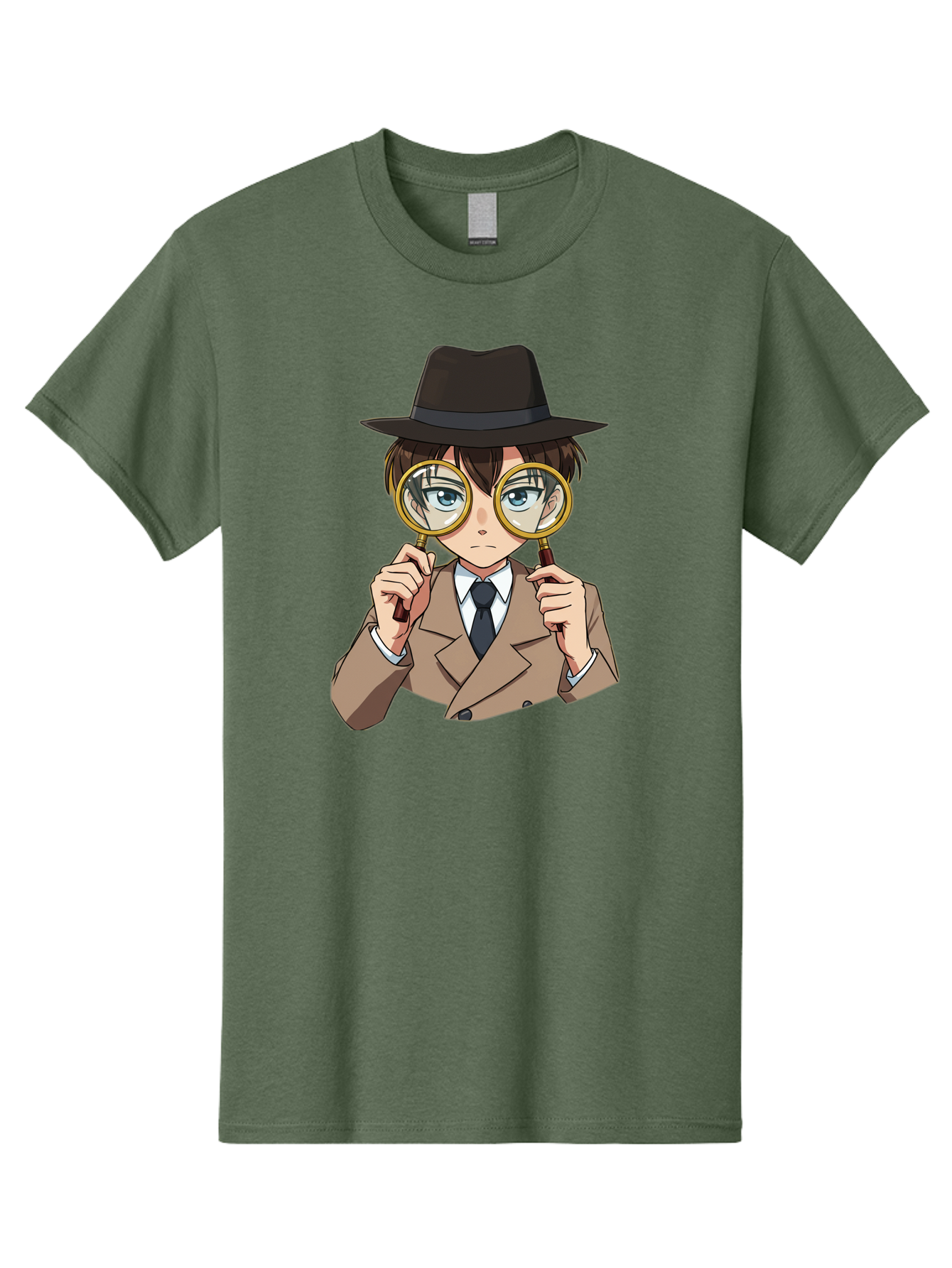 Detective-Boy Men'S Graphic Tee, 100% Cotton, Comfortable Casual Summer Wear, Machine Washable, Anime Boy, Magnifying Glass, Detective Theme, Investigation, Observation, Blue Eyes, Brown Hair, Brown Suit, Black Tie, White Shirt Bab855