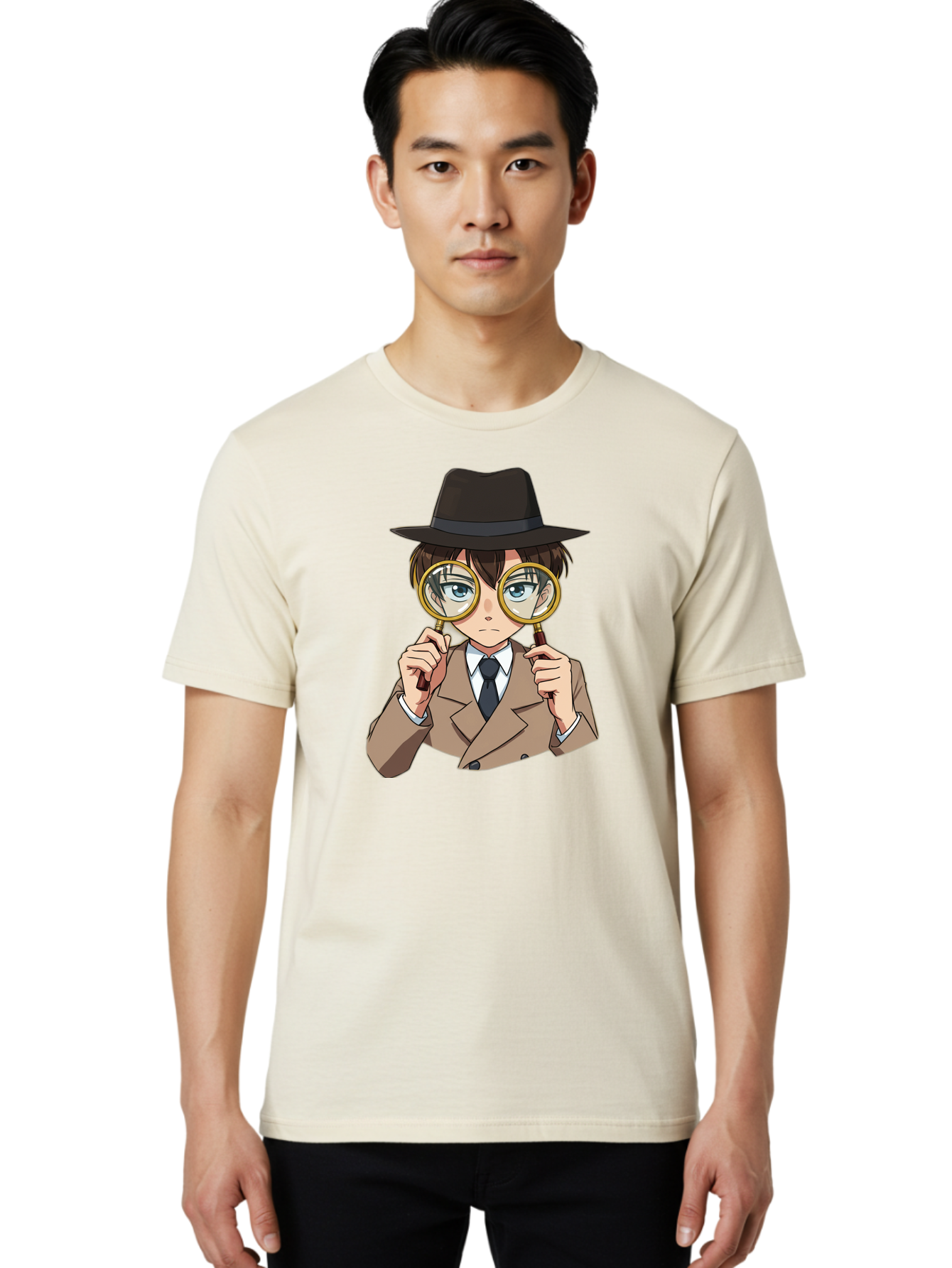 Detective-Boy Men'S Graphic Tee, 100% Cotton, Comfortable Casual Summer Wear, Machine Washable, Anime Boy, Magnifying Glass, Detective Theme, Investigation, Observation, Blue Eyes, Brown Hair, Brown Suit, Black Tie, White Shirt Bab855