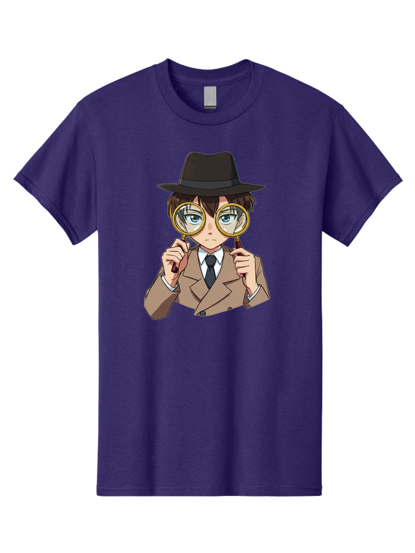 Detective-Boy Men'S Graphic Tee, 100% Cotton, Comfortable Casual Summer Wear, Machine Washable, Anime Boy, Magnifying Glass, Detective Theme, Investigation, Observation, Blue Eyes, Brown Hair, Brown Suit, Black Tie, White Shirt Bab855