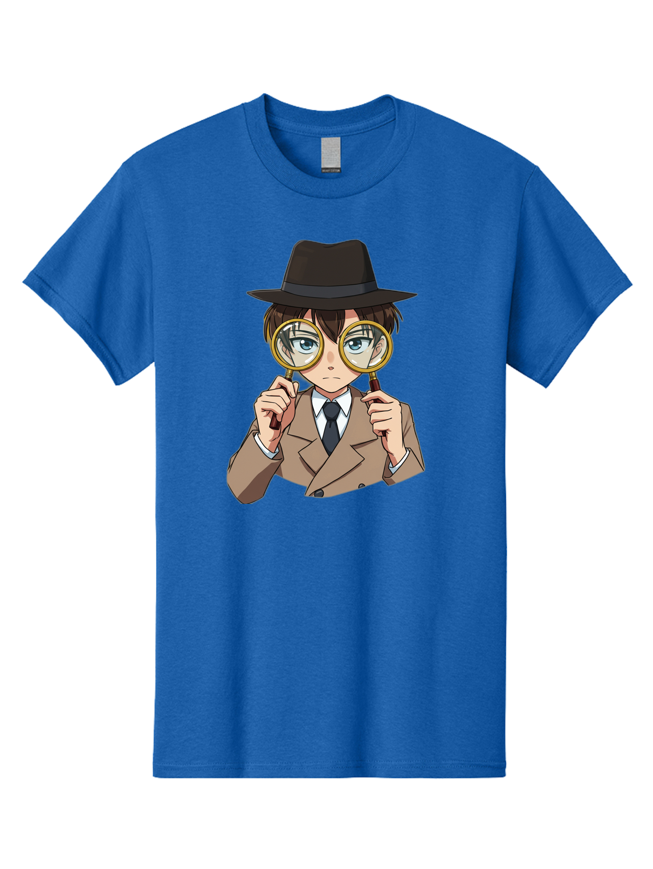 Detective-Boy Men'S Graphic Tee, 100% Cotton, Comfortable Casual Summer Wear, Machine Washable, Anime Boy, Magnifying Glass, Detective Theme, Investigation, Observation, Blue Eyes, Brown Hair, Brown Suit, Black Tie, White Shirt Bab855