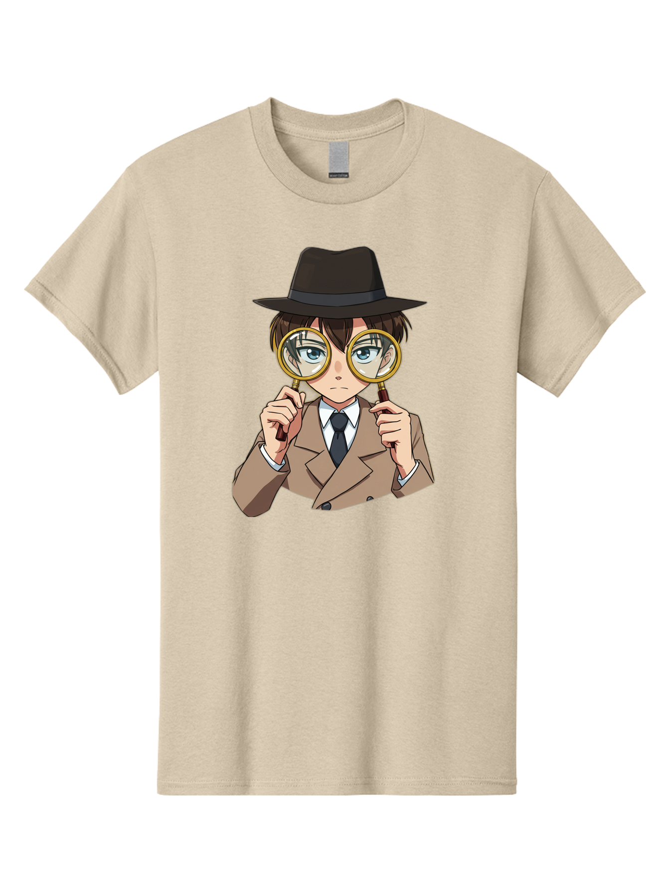 Detective-Boy Men'S Graphic Tee, 100% Cotton, Comfortable Casual Summer Wear, Machine Washable, Anime Boy, Magnifying Glass, Detective Theme, Investigation, Observation, Blue Eyes, Brown Hair, Brown Suit, Black Tie, White Shirt Bab855