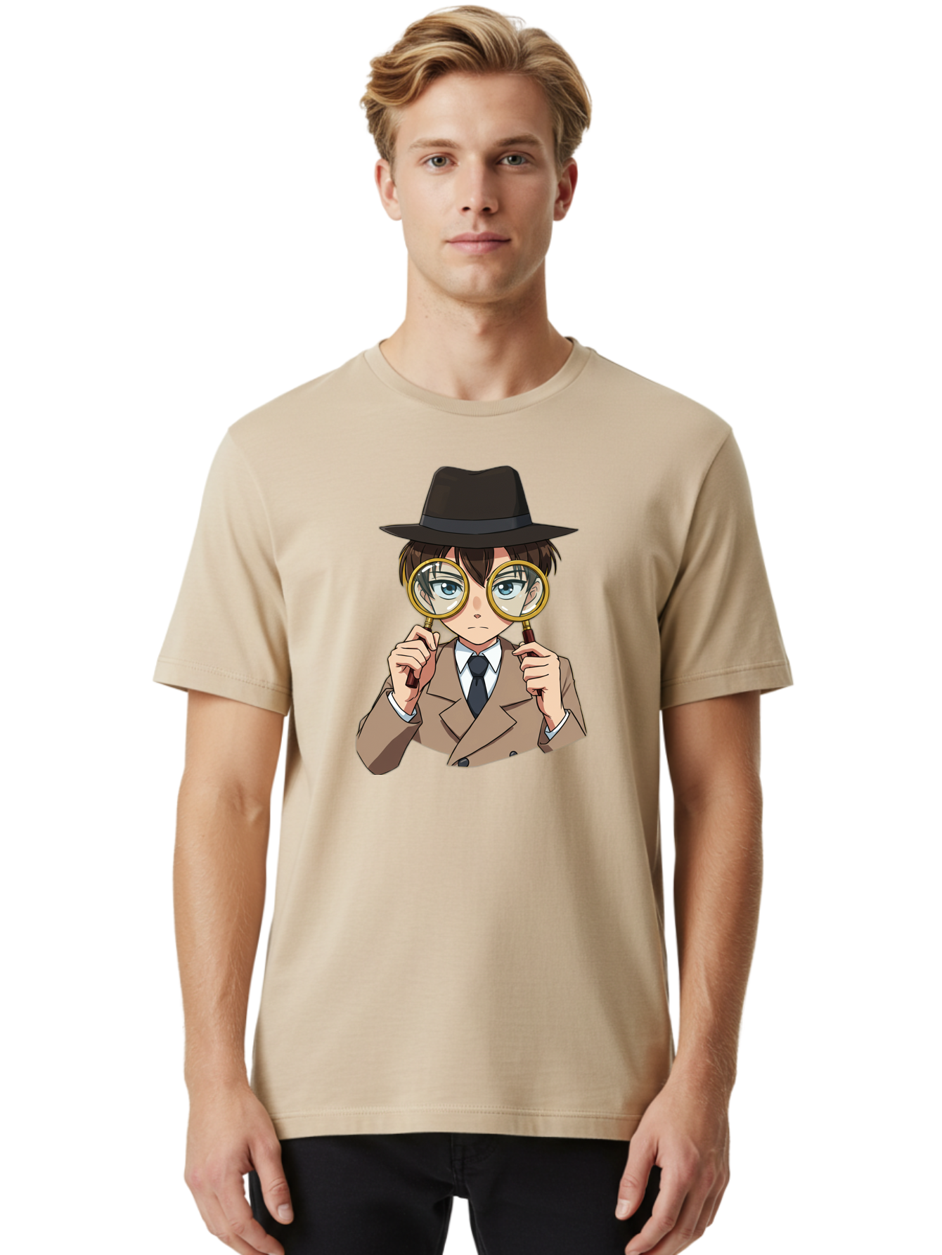 Detective-Boy Men'S Graphic Tee, 100% Cotton, Comfortable Casual Summer Wear, Machine Washable, Anime Boy, Magnifying Glass, Detective Theme, Investigation, Observation, Blue Eyes, Brown Hair, Brown Suit, Black Tie, White Shirt Bab855