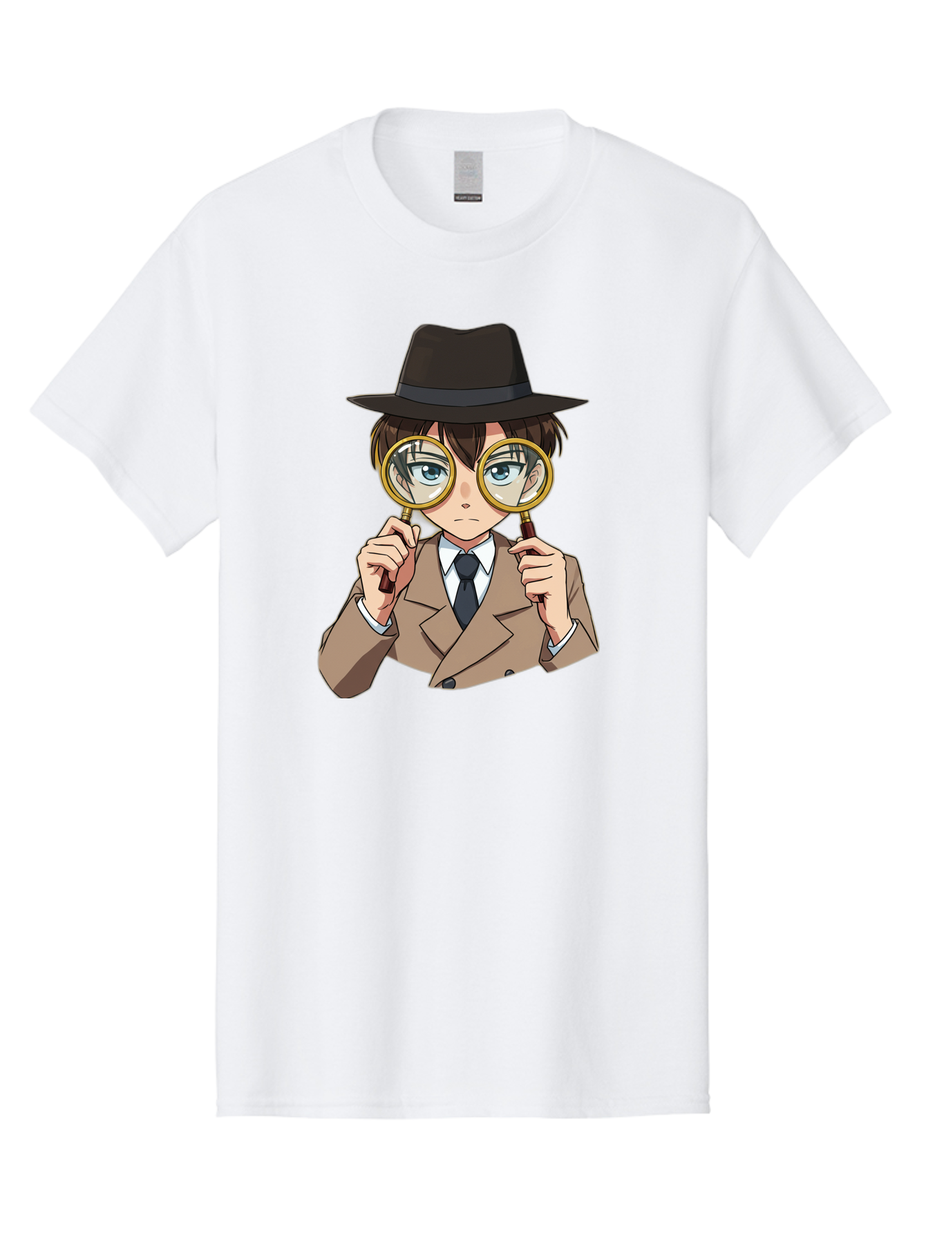Detective-Boy Men'S Graphic Tee, 100% Cotton, Comfortable Casual Summer Wear, Machine Washable, Anime Boy, Magnifying Glass, Detective Theme, Investigation, Observation, Blue Eyes, Brown Hair, Brown Suit, Black Tie, White Shirt Bab855
