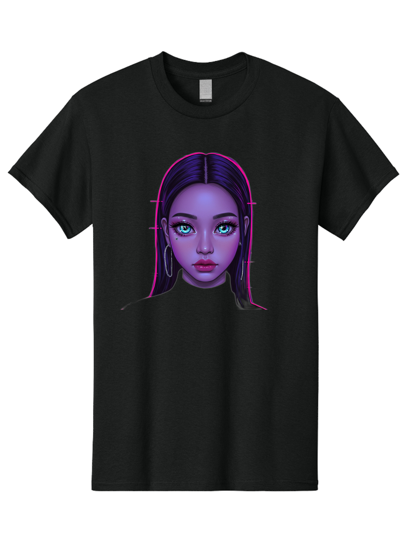 Digital-Art-Portrait Men'S Graphic Tee, 100% Cotton, Comfortable Casual Summer Wear, Machine Washable, Digital Art, Futuristic Beauty, Purple Skin Tone, Blue Eyes, Makeup, Silver Earrings, Long Hair, Straight Hair, 3D Rendering, Modern Style, Bab856