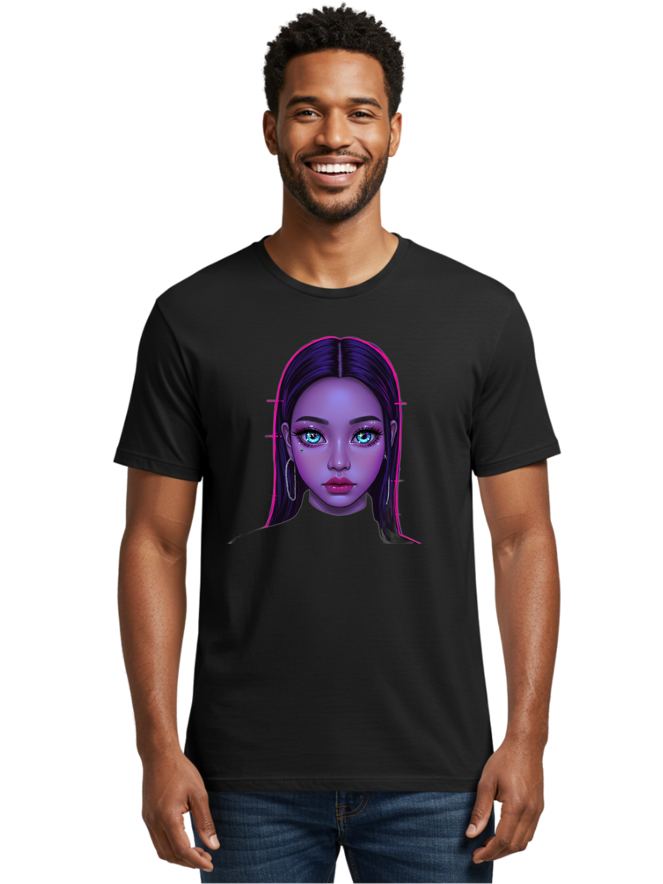 Digital-Art-Portrait Men'S Graphic Tee, 100% Cotton, Comfortable Casual Summer Wear, Machine Washable, Digital Art, Futuristic Beauty, Purple Skin Tone, Blue Eyes, Makeup, Silver Earrings, Long Hair, Straight Hair, 3D Rendering, Modern Style, Bab856