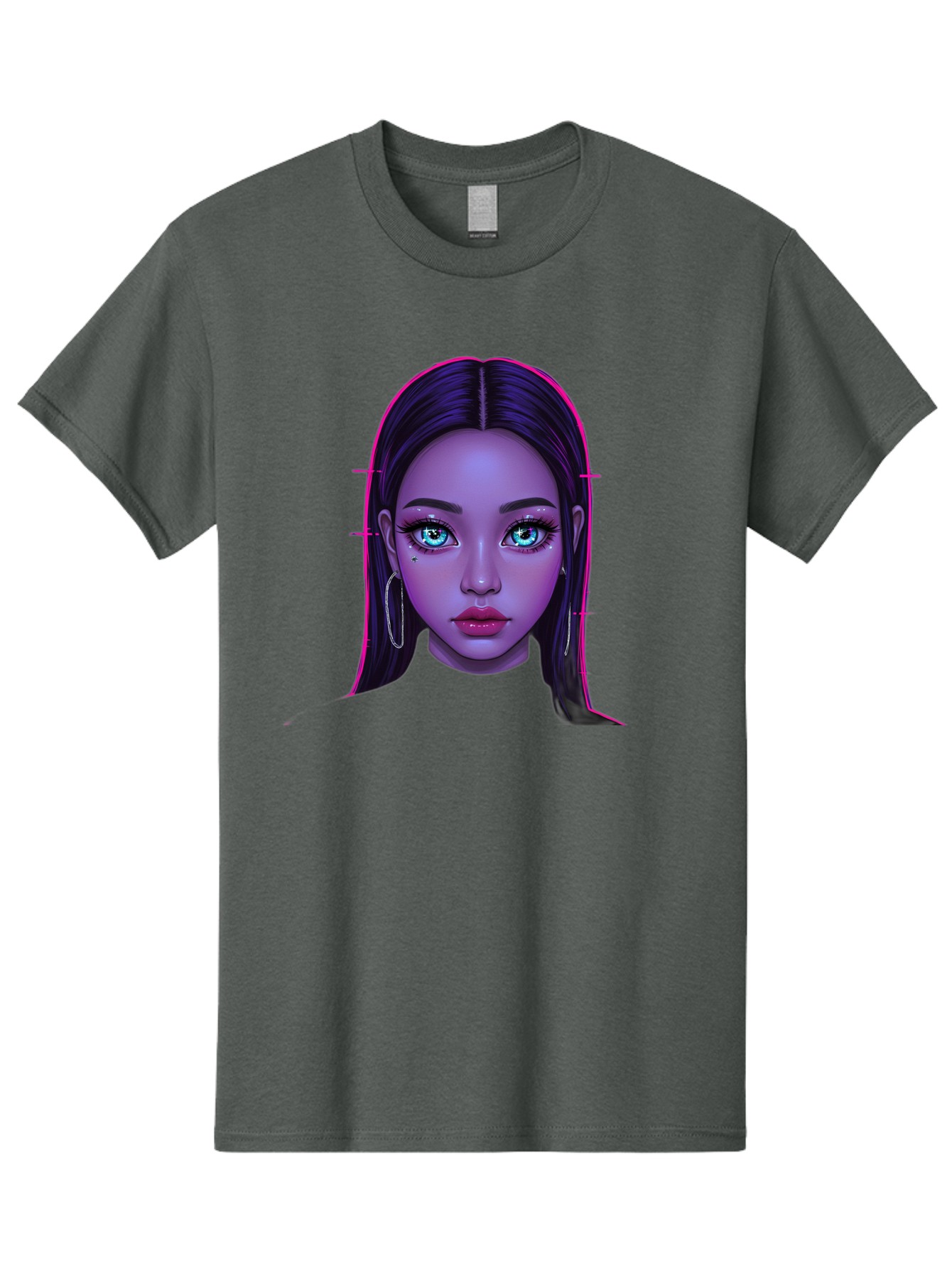 Digital-Art-Portrait Men'S Graphic Tee, 100% Cotton, Comfortable Casual Summer Wear, Machine Washable, Digital Art, Futuristic Beauty, Purple Skin Tone, Blue Eyes, Makeup, Silver Earrings, Long Hair, Straight Hair, 3D Rendering, Modern Style, Bab856