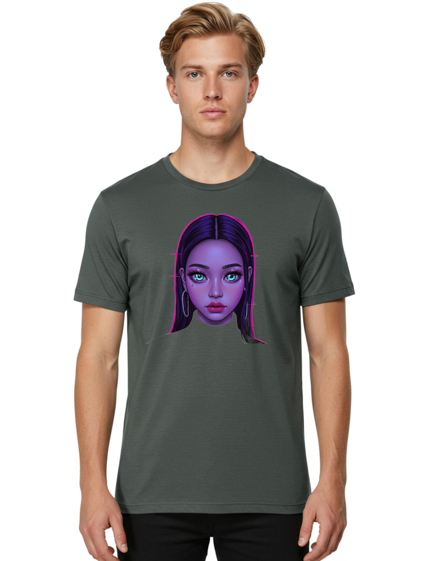 Digital-Art-Portrait Men'S Graphic Tee, 100% Cotton, Comfortable Casual Summer Wear, Machine Washable, Digital Art, Futuristic Beauty, Purple Skin Tone, Blue Eyes, Makeup, Silver Earrings, Long Hair, Straight Hair, 3D Rendering, Modern Style, Bab856