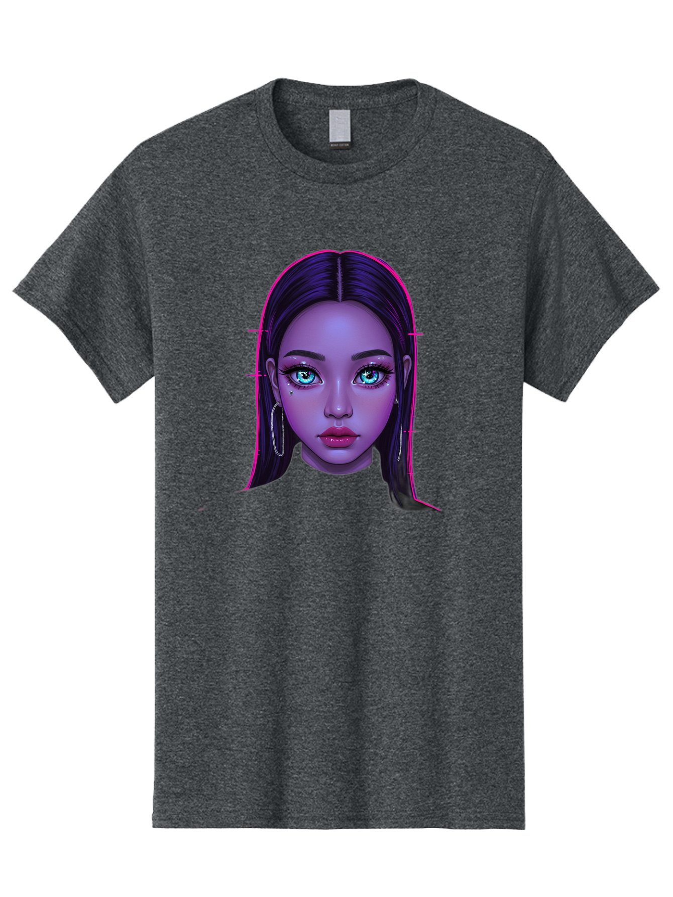 Digital-Art-Portrait Men'S Graphic Tee, 100% Cotton, Comfortable Casual Summer Wear, Machine Washable, Digital Art, Futuristic Beauty, Purple Skin Tone, Blue Eyes, Makeup, Silver Earrings, Long Hair, Straight Hair, 3D Rendering, Modern Style, Bab856