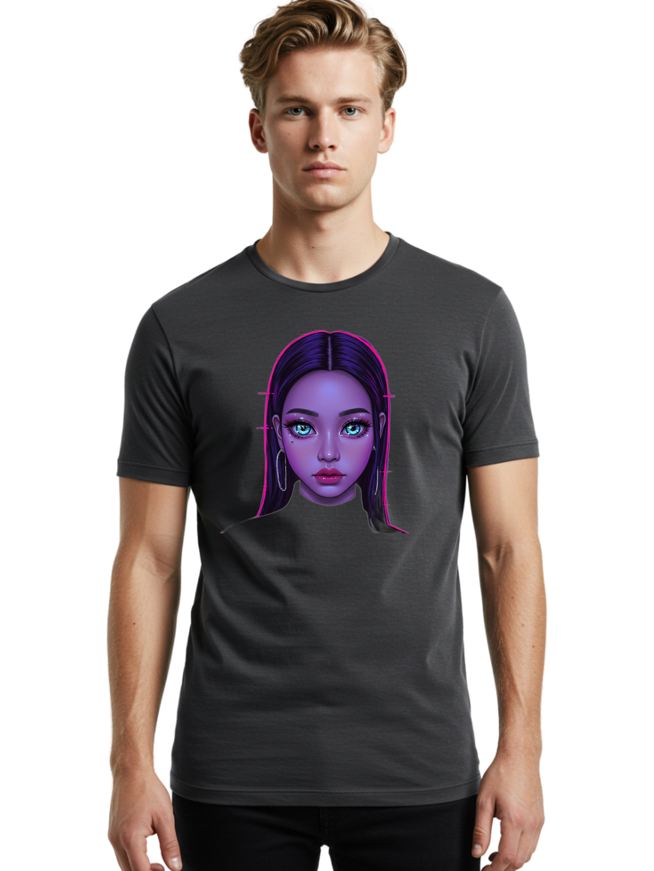 Digital-Art-Portrait Men'S Graphic Tee, 100% Cotton, Comfortable Casual Summer Wear, Machine Washable, Digital Art, Futuristic Beauty, Purple Skin Tone, Blue Eyes, Makeup, Silver Earrings, Long Hair, Straight Hair, 3D Rendering, Modern Style, Bab856