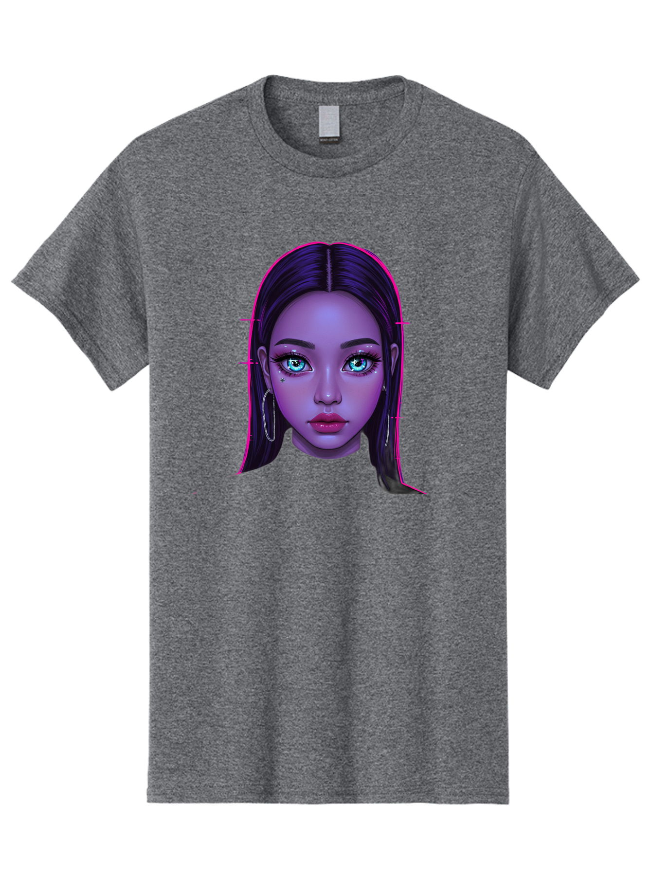 Digital-Art-Portrait Men'S Graphic Tee, 100% Cotton, Comfortable Casual Summer Wear, Machine Washable, Digital Art, Futuristic Beauty, Purple Skin Tone, Blue Eyes, Makeup, Silver Earrings, Long Hair, Straight Hair, 3D Rendering, Modern Style, Bab856
