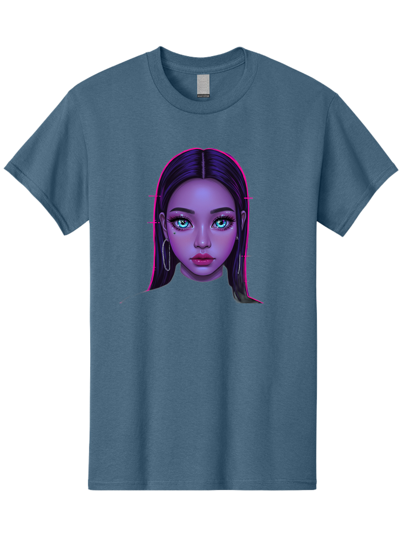 Digital-Art-Portrait Men'S Graphic Tee, 100% Cotton, Comfortable Casual Summer Wear, Machine Washable, Digital Art, Futuristic Beauty, Purple Skin Tone, Blue Eyes, Makeup, Silver Earrings, Long Hair, Straight Hair, 3D Rendering, Modern Style, Bab856