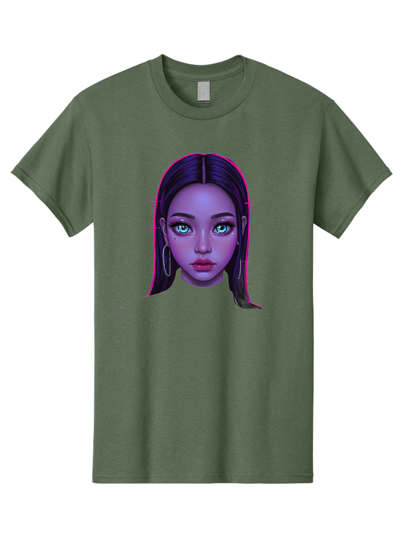 Digital-Art-Portrait Men'S Graphic Tee, 100% Cotton, Comfortable Casual Summer Wear, Machine Washable, Digital Art, Futuristic Beauty, Purple Skin Tone, Blue Eyes, Makeup, Silver Earrings, Long Hair, Straight Hair, 3D Rendering, Modern Style, Bab856
