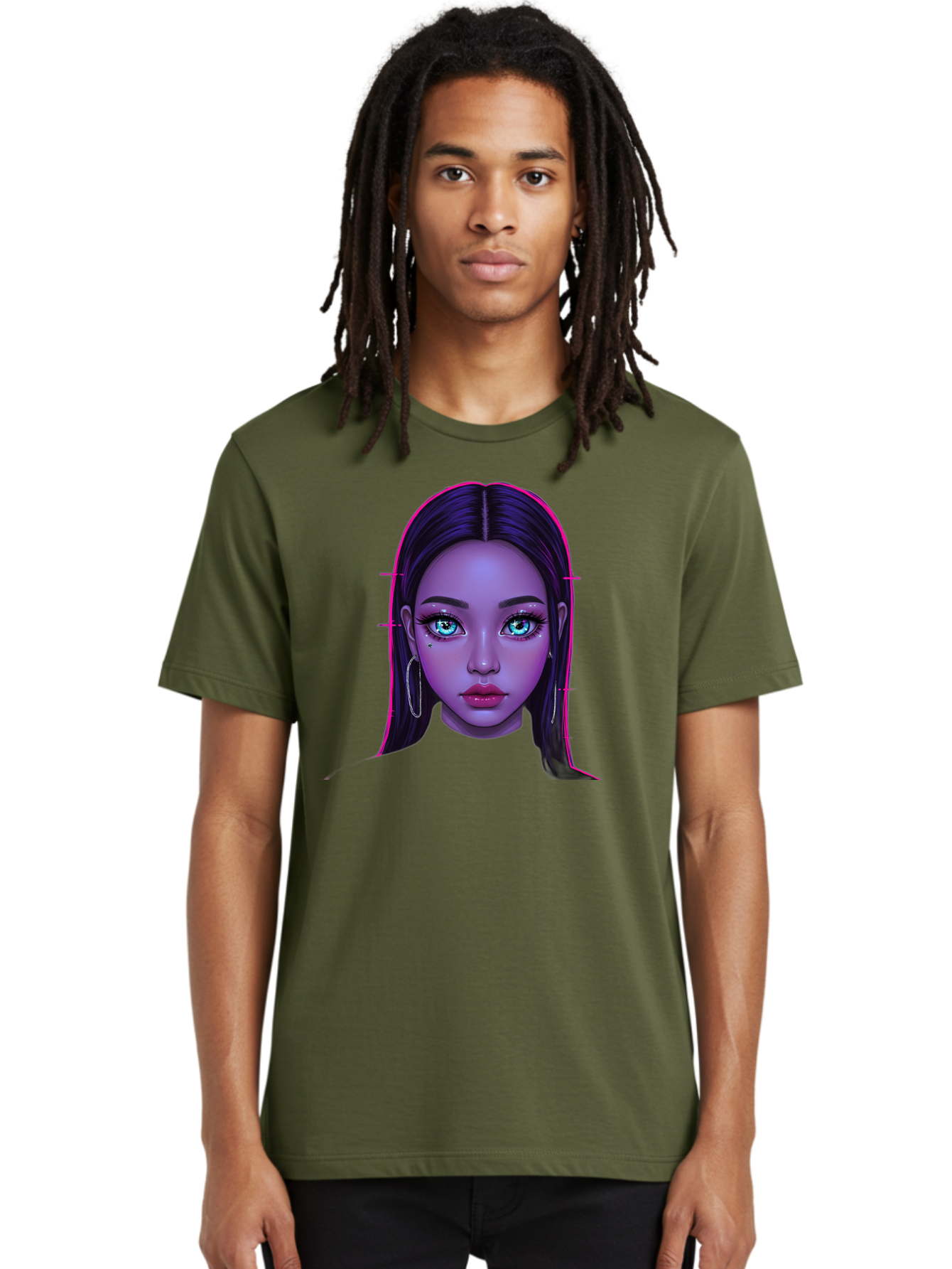 Digital-Art-Portrait Men'S Graphic Tee, 100% Cotton, Comfortable Casual Summer Wear, Machine Washable, Digital Art, Futuristic Beauty, Purple Skin Tone, Blue Eyes, Makeup, Silver Earrings, Long Hair, Straight Hair, 3D Rendering, Modern Style, Bab856