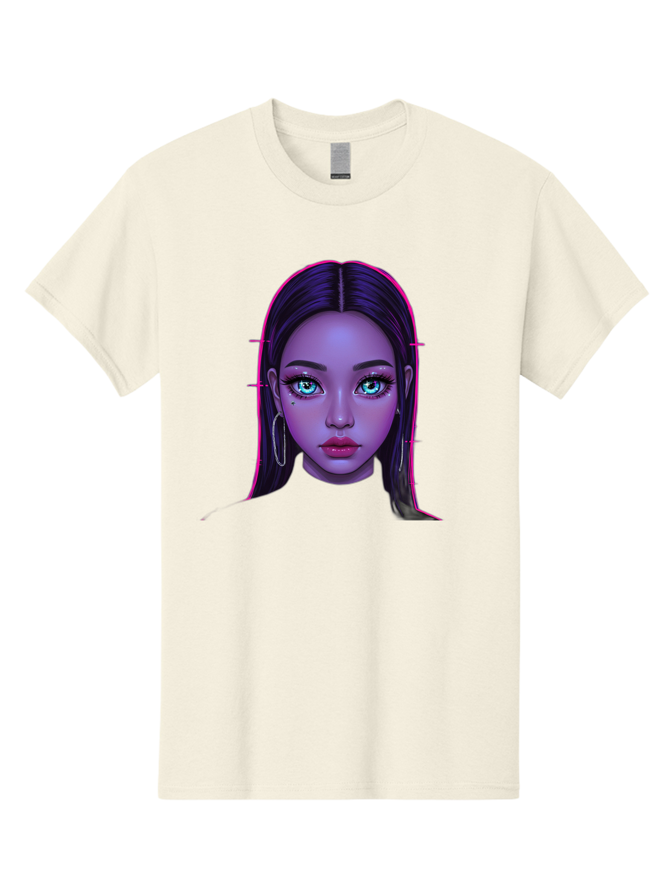 Digital-Art-Portrait Men'S Graphic Tee, 100% Cotton, Comfortable Casual Summer Wear, Machine Washable, Digital Art, Futuristic Beauty, Purple Skin Tone, Blue Eyes, Makeup, Silver Earrings, Long Hair, Straight Hair, 3D Rendering, Modern Style, Bab856