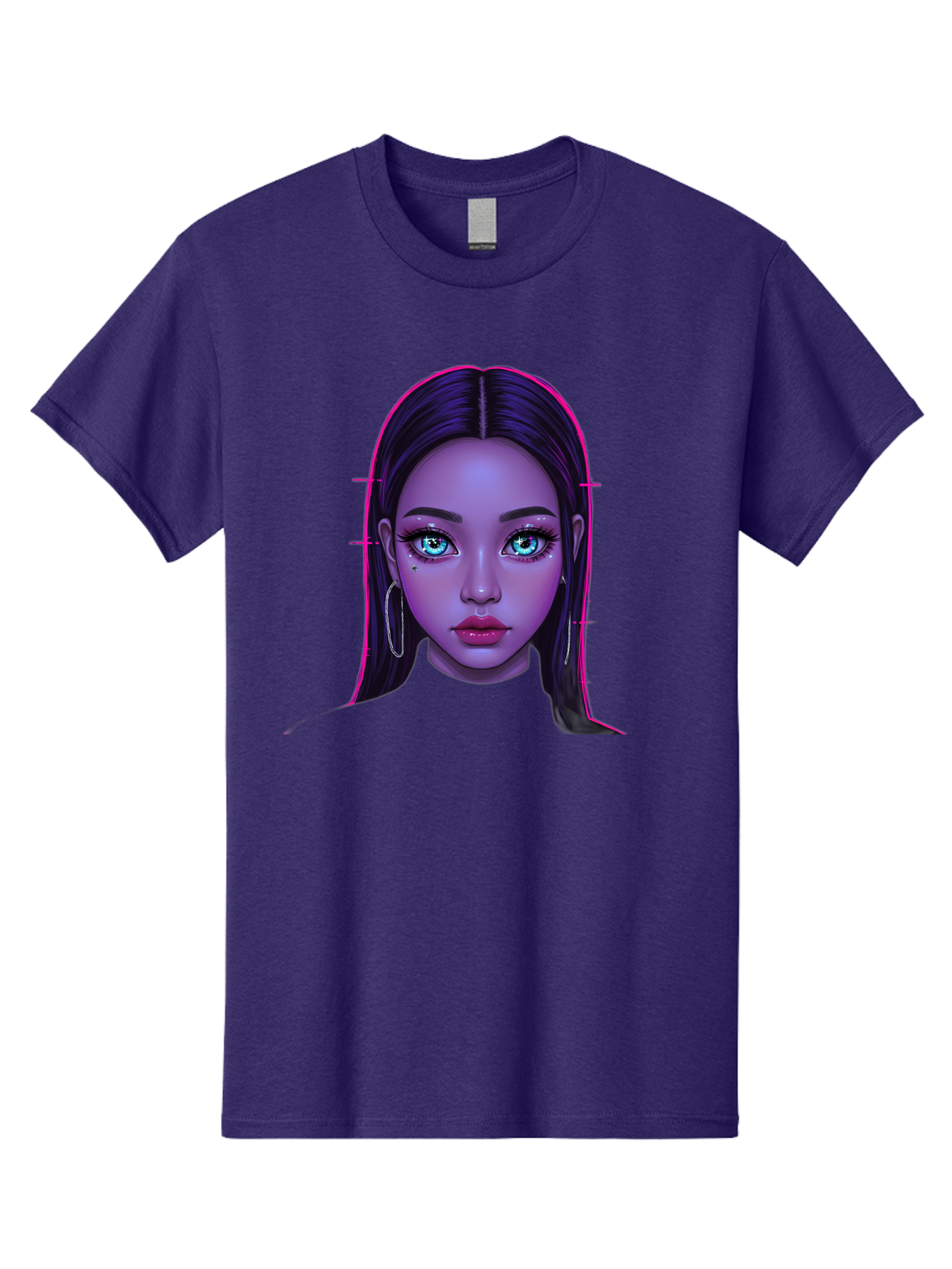 Digital-Art-Portrait Men'S Graphic Tee, 100% Cotton, Comfortable Casual Summer Wear, Machine Washable, Digital Art, Futuristic Beauty, Purple Skin Tone, Blue Eyes, Makeup, Silver Earrings, Long Hair, Straight Hair, 3D Rendering, Modern Style, Bab856