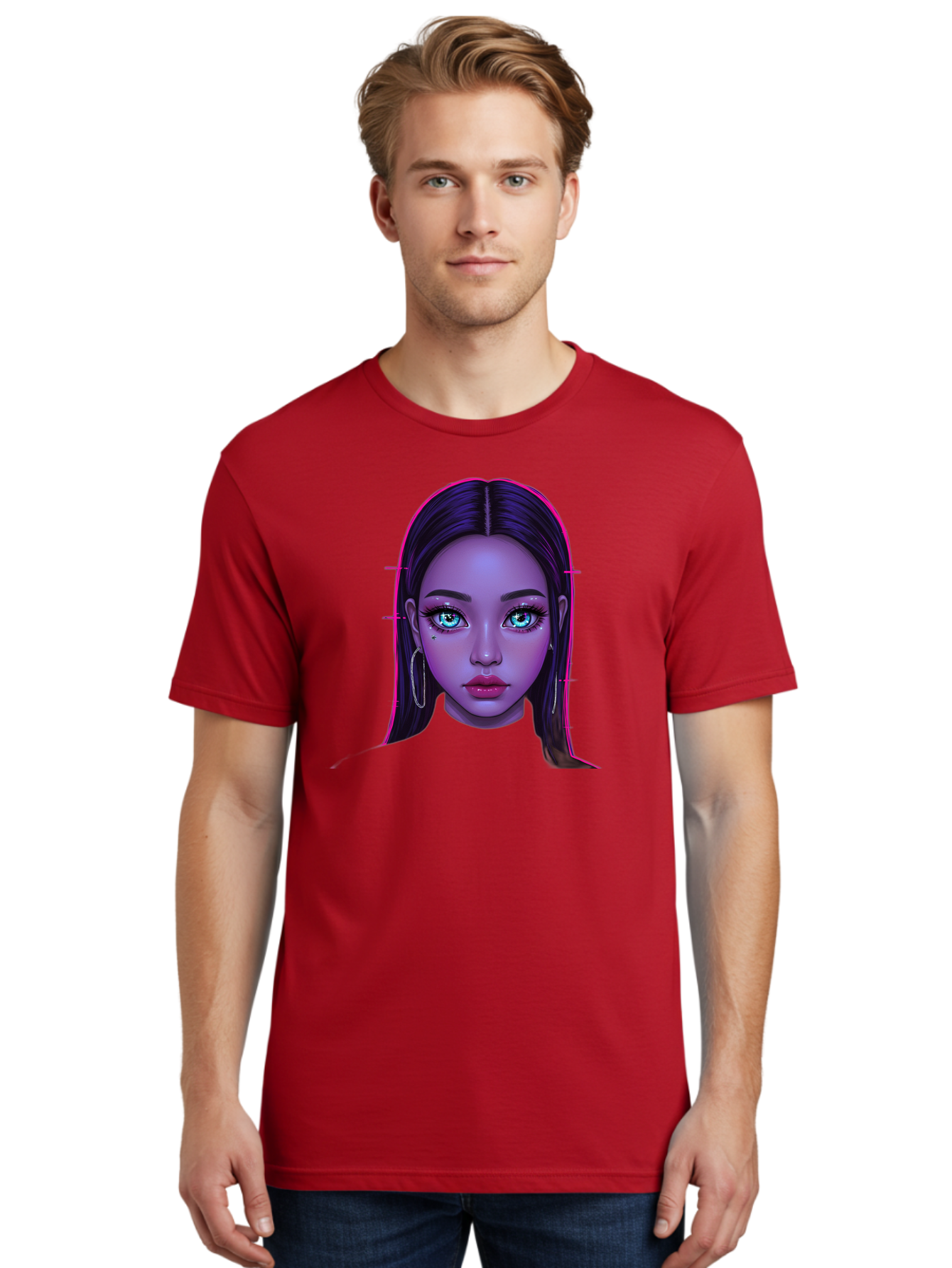 Digital-Art-Portrait Men'S Graphic Tee, 100% Cotton, Comfortable Casual Summer Wear, Machine Washable, Digital Art, Futuristic Beauty, Purple Skin Tone, Blue Eyes, Makeup, Silver Earrings, Long Hair, Straight Hair, 3D Rendering, Modern Style, Bab856