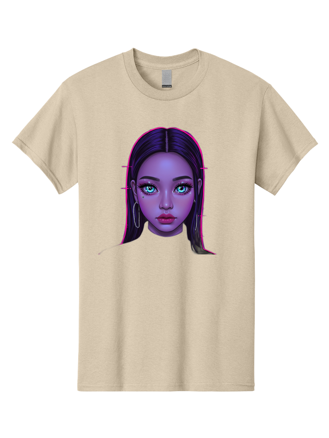Digital-Art-Portrait Men'S Graphic Tee, 100% Cotton, Comfortable Casual Summer Wear, Machine Washable, Digital Art, Futuristic Beauty, Purple Skin Tone, Blue Eyes, Makeup, Silver Earrings, Long Hair, Straight Hair, 3D Rendering, Modern Style, Bab856