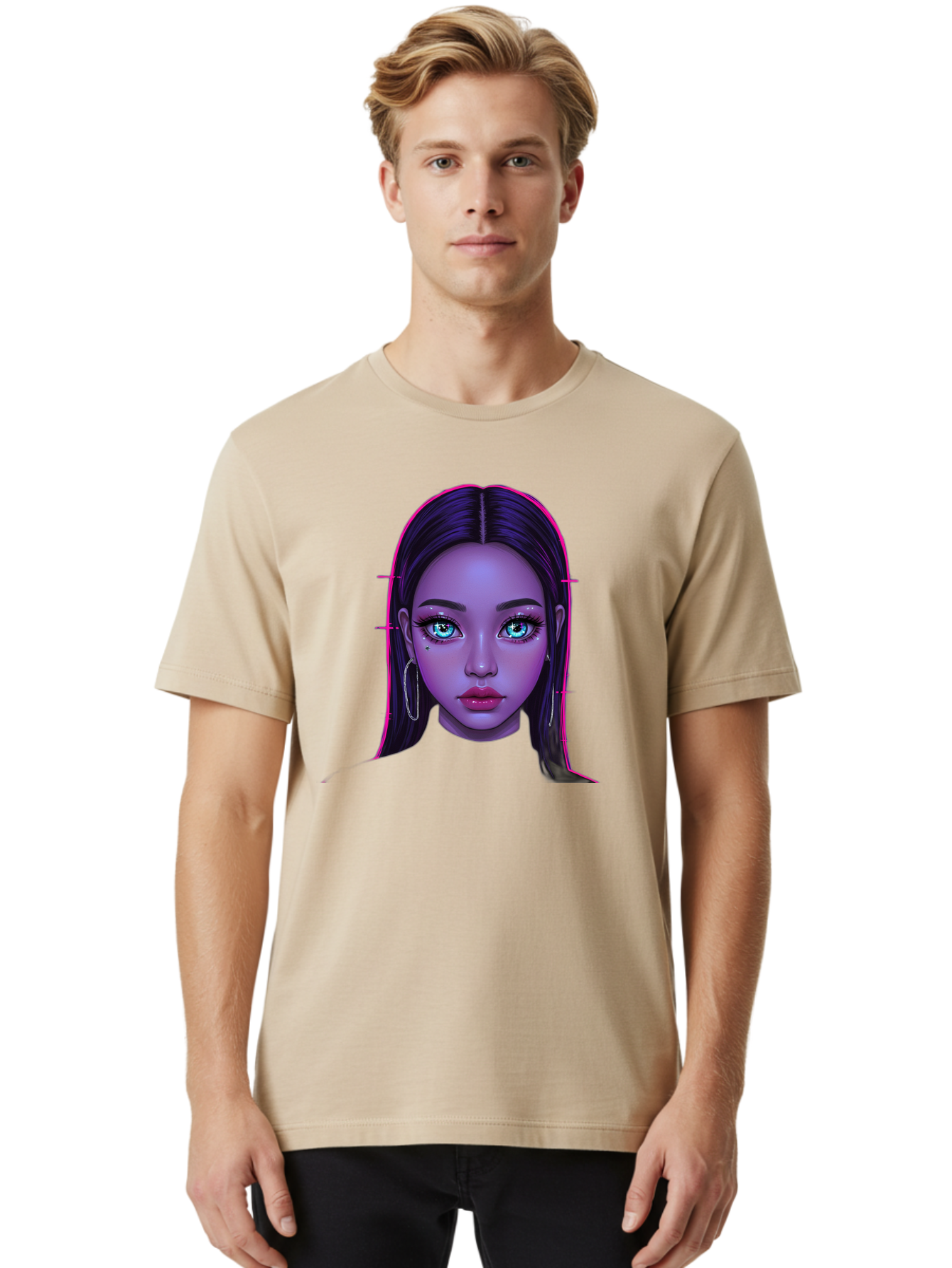 Digital-Art-Portrait Men'S Graphic Tee, 100% Cotton, Comfortable Casual Summer Wear, Machine Washable, Digital Art, Futuristic Beauty, Purple Skin Tone, Blue Eyes, Makeup, Silver Earrings, Long Hair, Straight Hair, 3D Rendering, Modern Style, Bab856