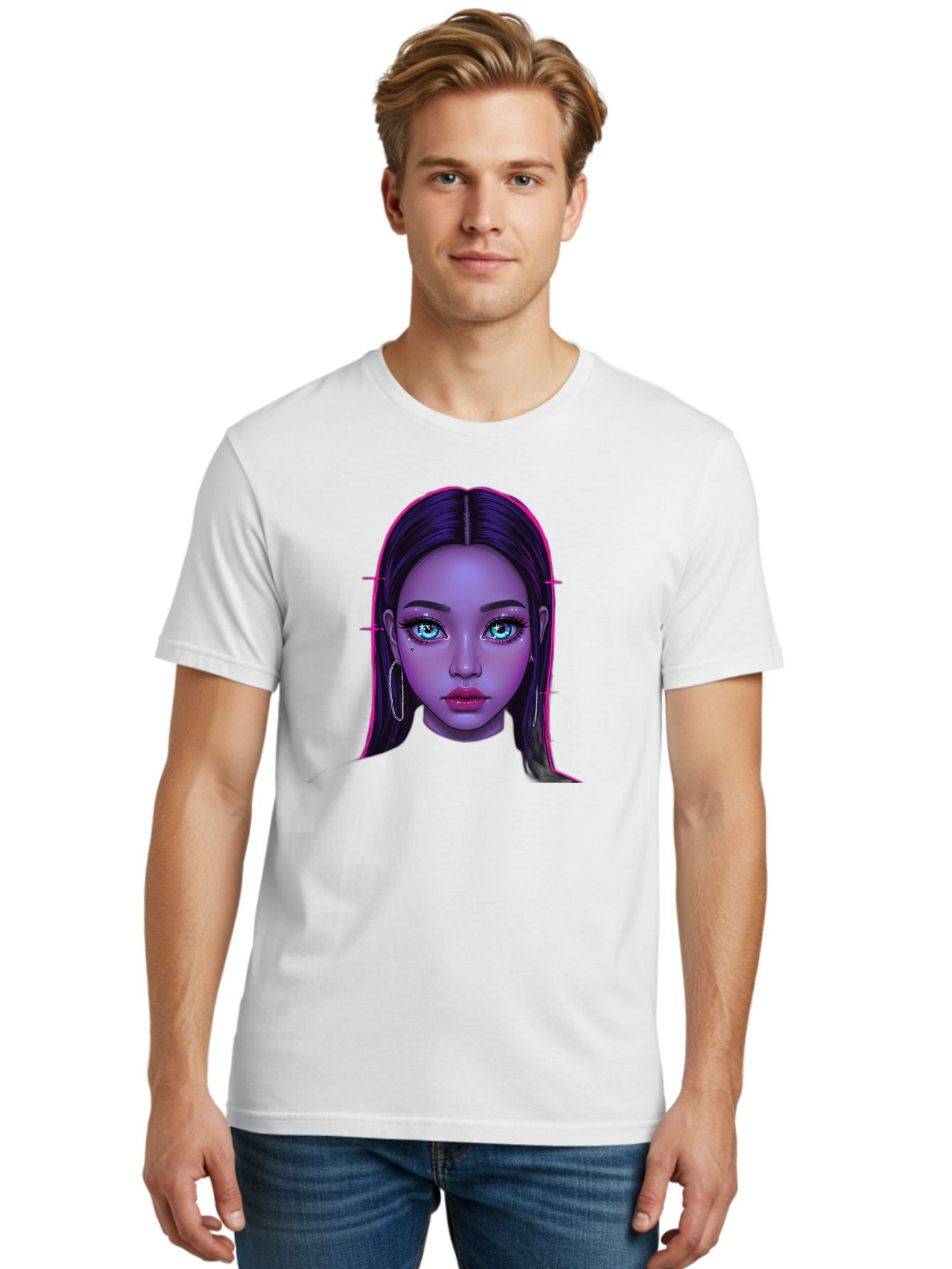 Digital-Art-Portrait Men'S Graphic Tee, 100% Cotton, Comfortable Casual Summer Wear, Machine Washable, Digital Art, Futuristic Beauty, Purple Skin Tone, Blue Eyes, Makeup, Silver Earrings, Long Hair, Straight Hair, 3D Rendering, Modern Style, Bab856