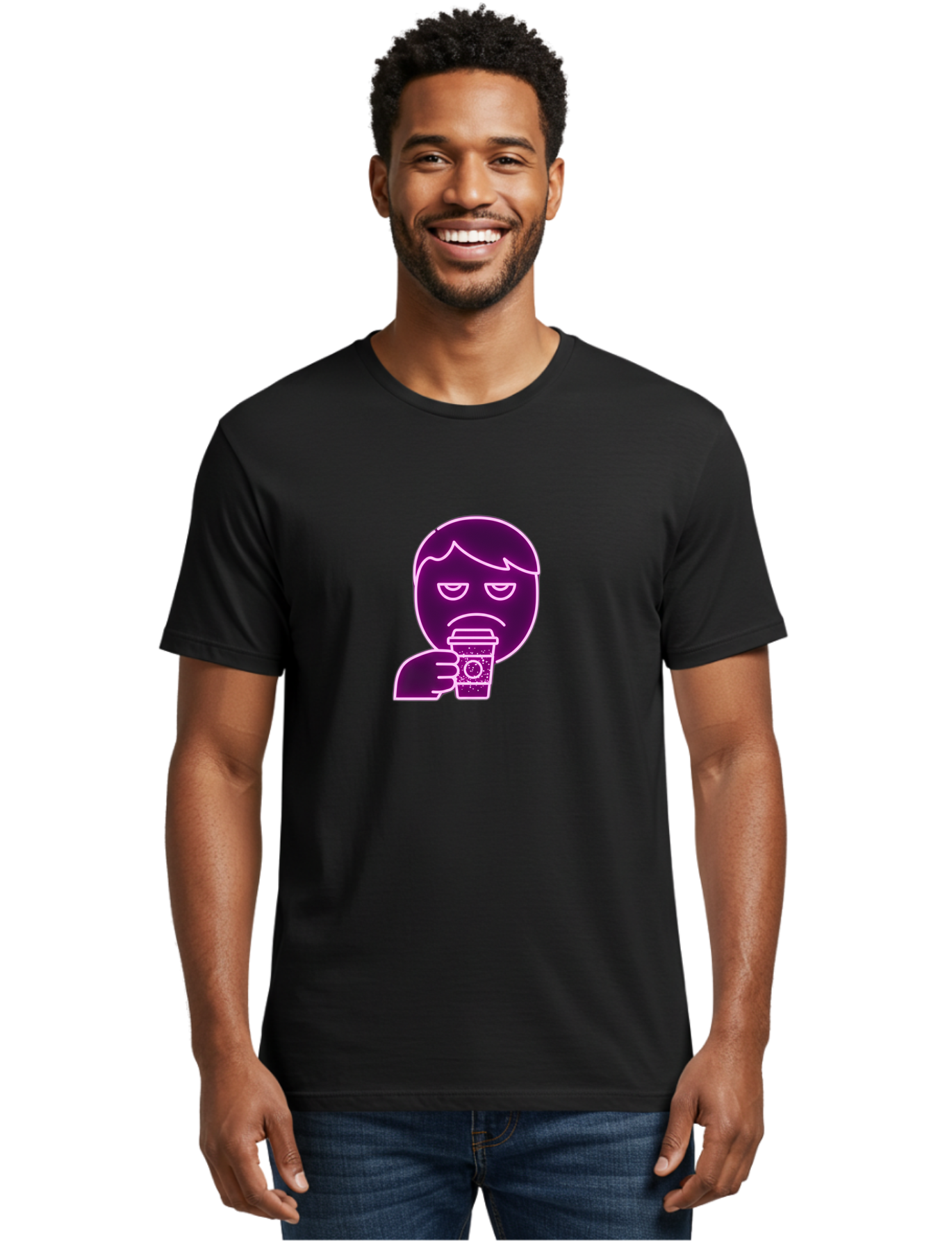 Disappointed-Coffee-Drinker Men'S Graphic Tee, 100% Cotton, Comfortable Casual Summer Wear, Machine Washable, Unhappy Person, Drinking Coffee, Sad Face, Frowning, Coffee Cup, Purple Illustration, Cartoon Character, Coffee Lover, Bab857