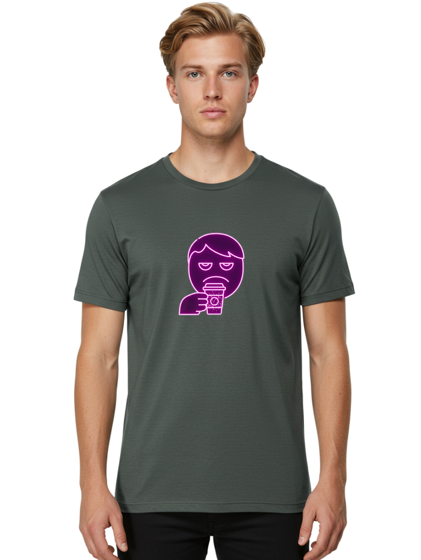 Disappointed-Coffee-Drinker Men'S Graphic Tee, 100% Cotton, Comfortable Casual Summer Wear, Machine Washable, Unhappy Person, Drinking Coffee, Sad Face, Frowning, Coffee Cup, Purple Illustration, Cartoon Character, Coffee Lover, Bab857