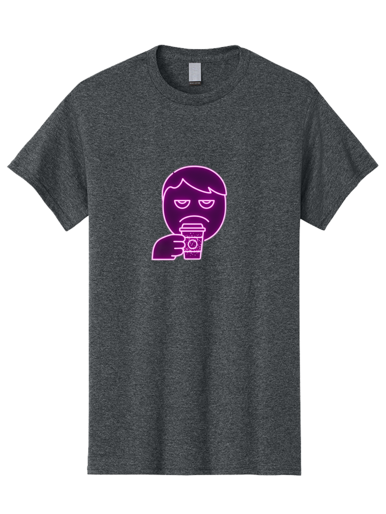 Disappointed-Coffee-Drinker Men'S Graphic Tee, 100% Cotton, Comfortable Casual Summer Wear, Machine Washable, Unhappy Person, Drinking Coffee, Sad Face, Frowning, Coffee Cup, Purple Illustration, Cartoon Character, Coffee Lover, Bab857