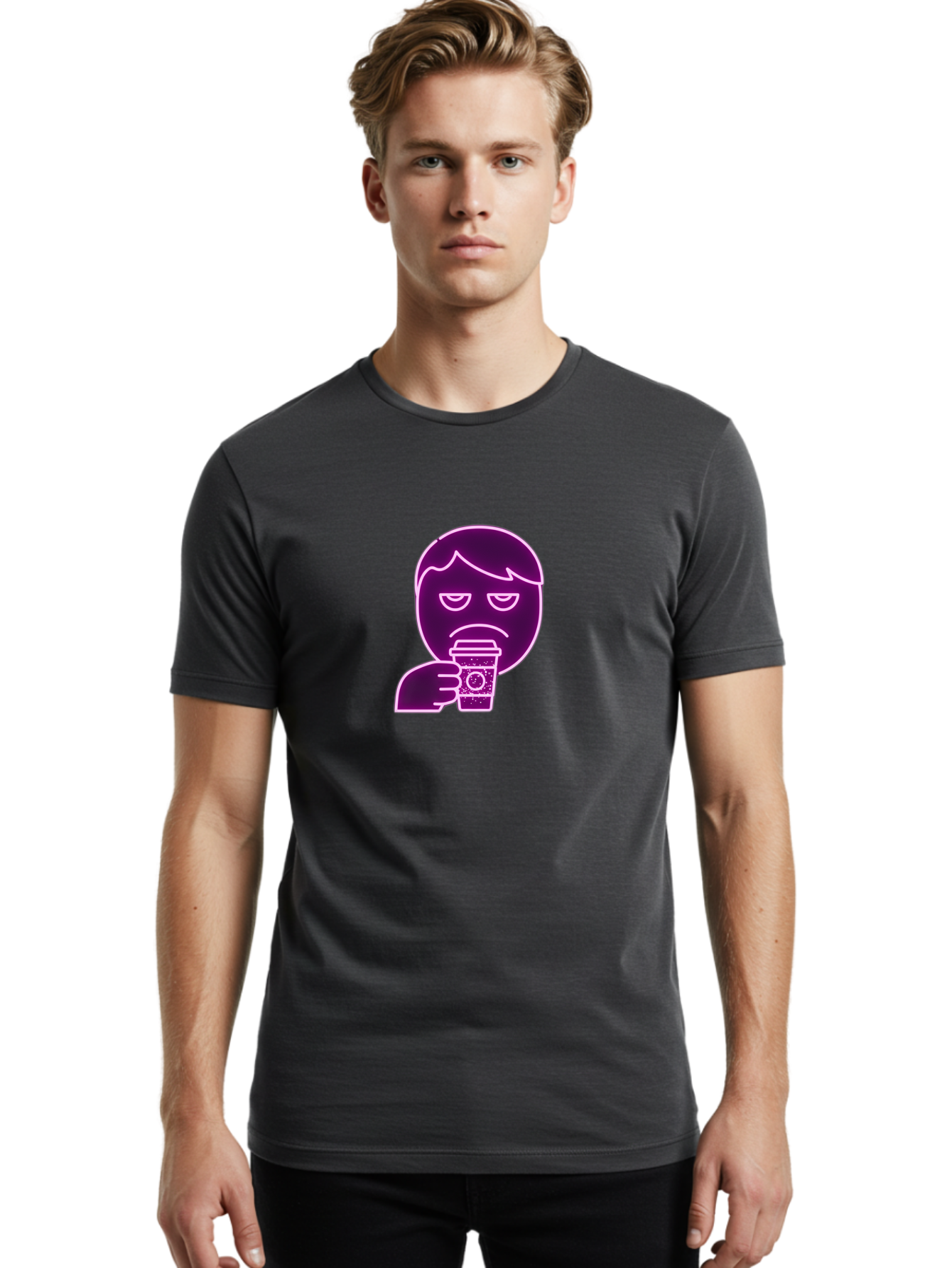 Disappointed-Coffee-Drinker Men'S Graphic Tee, 100% Cotton, Comfortable Casual Summer Wear, Machine Washable, Unhappy Person, Drinking Coffee, Sad Face, Frowning, Coffee Cup, Purple Illustration, Cartoon Character, Coffee Lover, Bab857