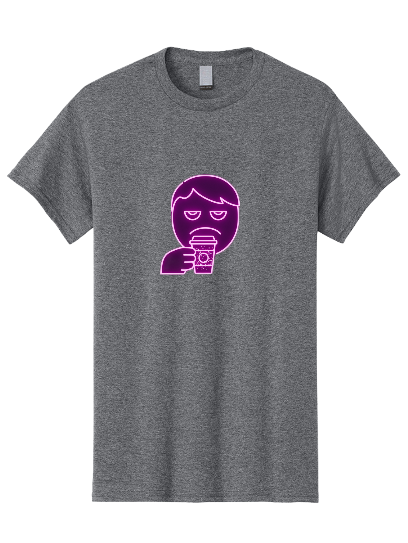 Disappointed-Coffee-Drinker Men'S Graphic Tee, 100% Cotton, Comfortable Casual Summer Wear, Machine Washable, Unhappy Person, Drinking Coffee, Sad Face, Frowning, Coffee Cup, Purple Illustration, Cartoon Character, Coffee Lover, Bab857