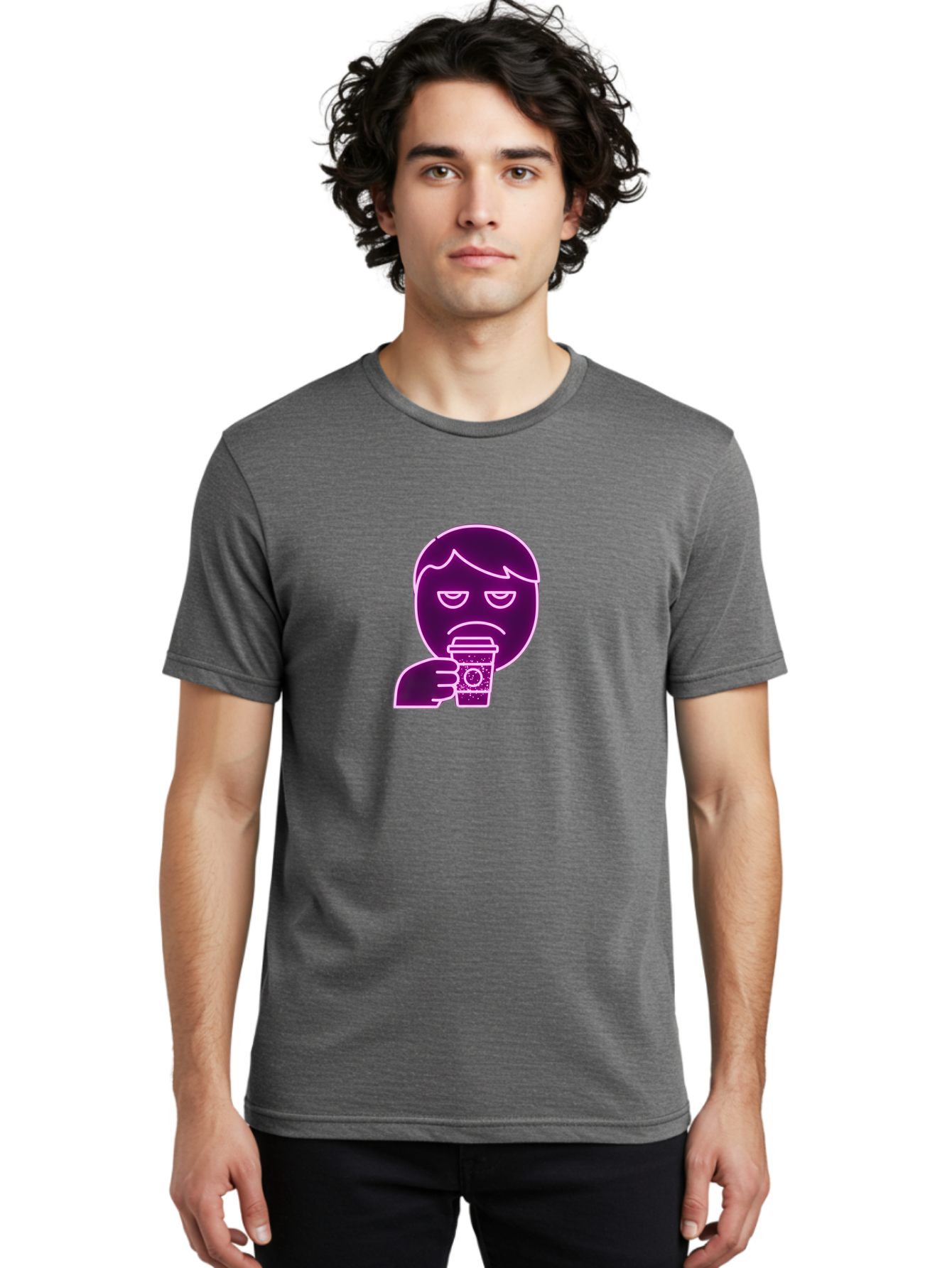 Disappointed-Coffee-Drinker Men'S Graphic Tee, 100% Cotton, Comfortable Casual Summer Wear, Machine Washable, Unhappy Person, Drinking Coffee, Sad Face, Frowning, Coffee Cup, Purple Illustration, Cartoon Character, Coffee Lover, Bab857