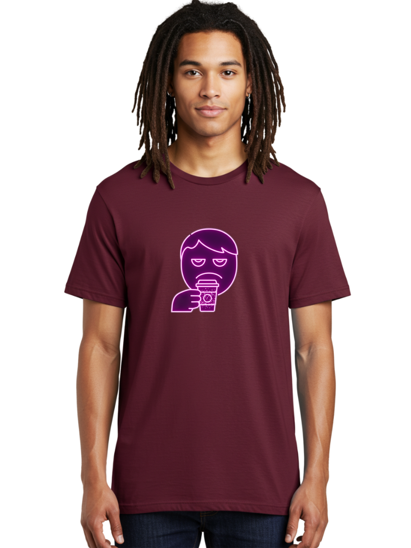 Disappointed-Coffee-Drinker Men'S Graphic Tee, 100% Cotton, Comfortable Casual Summer Wear, Machine Washable, Unhappy Person, Drinking Coffee, Sad Face, Frowning, Coffee Cup, Purple Illustration, Cartoon Character, Coffee Lover, Bab857