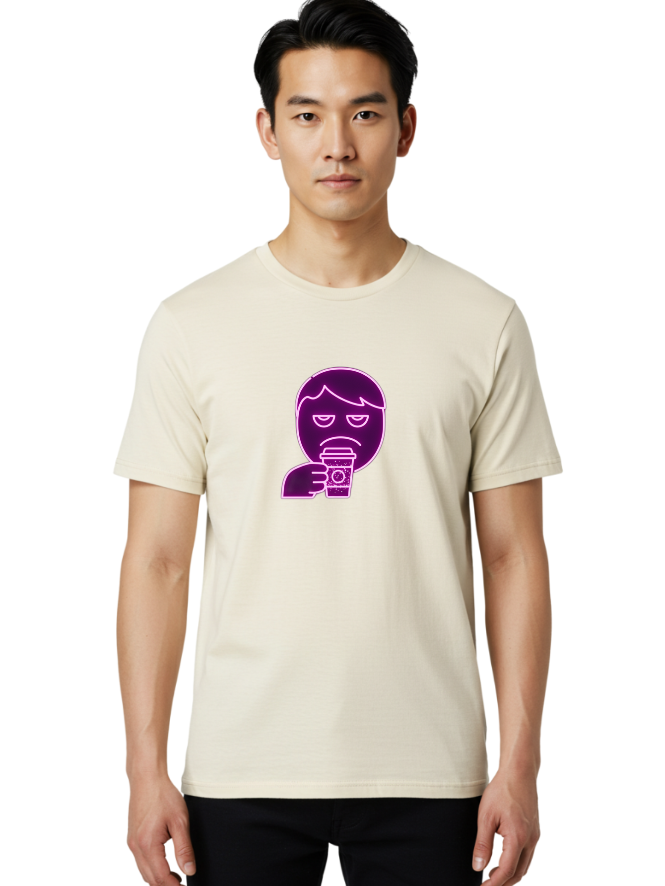 Disappointed-Coffee-Drinker Men'S Graphic Tee, 100% Cotton, Comfortable Casual Summer Wear, Machine Washable, Unhappy Person, Drinking Coffee, Sad Face, Frowning, Coffee Cup, Purple Illustration, Cartoon Character, Coffee Lover, Bab857