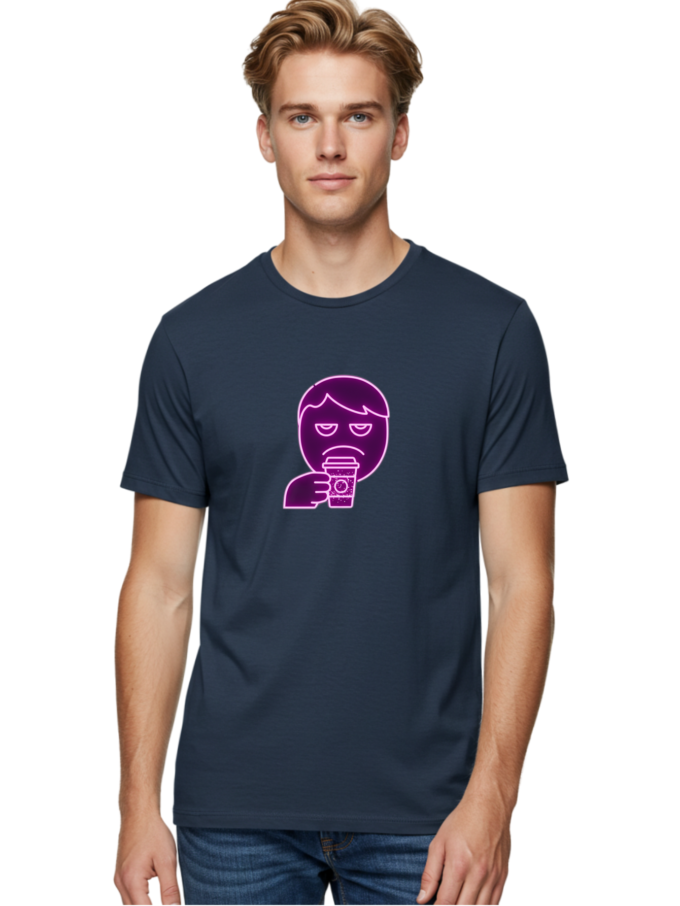 Disappointed-Coffee-Drinker Men'S Graphic Tee, 100% Cotton, Comfortable Casual Summer Wear, Machine Washable, Unhappy Person, Drinking Coffee, Sad Face, Frowning, Coffee Cup, Purple Illustration, Cartoon Character, Coffee Lover, Bab857